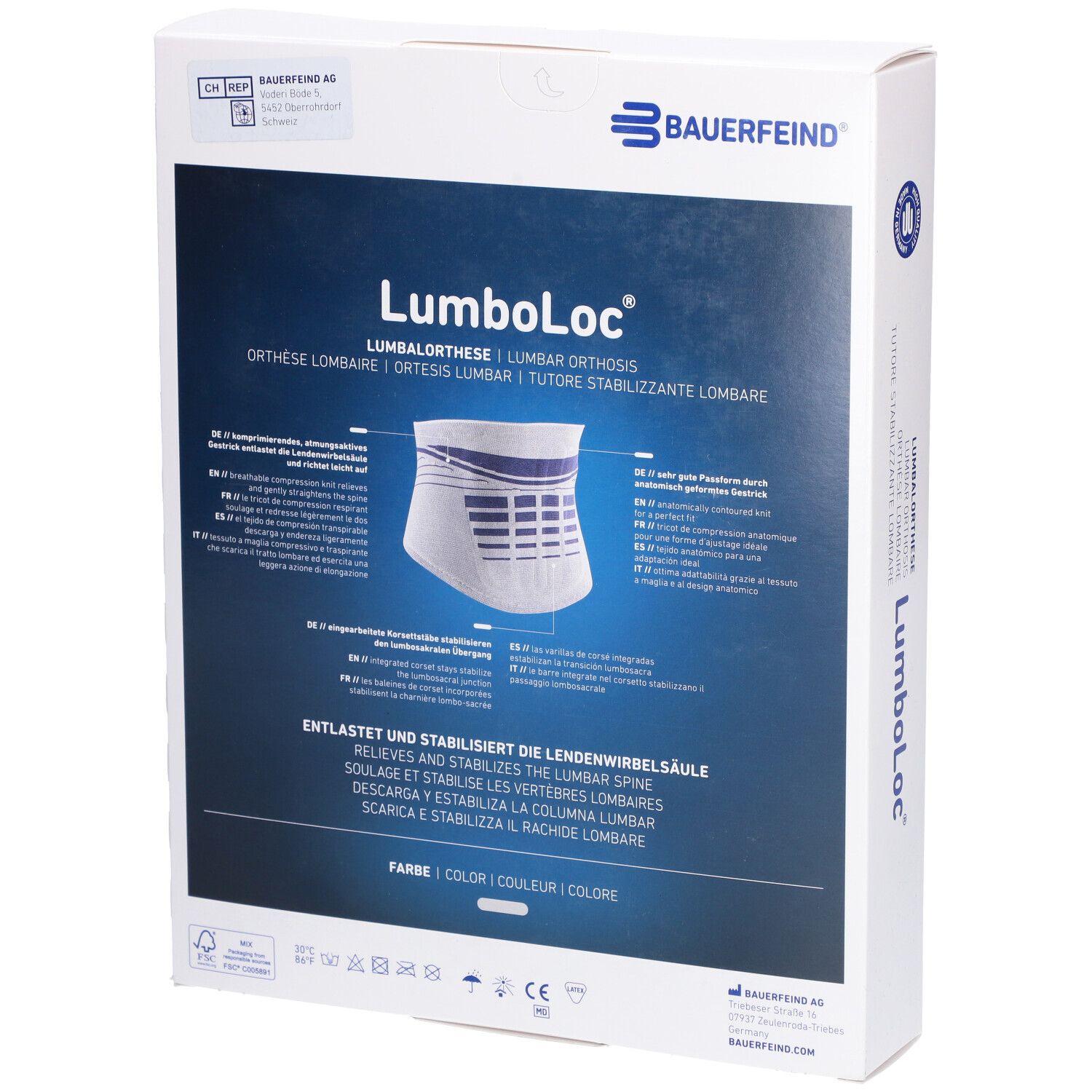 Rückseite der Verpackung der Rückenorthese LumboLoc von Bauerfeind. Produktname, Text in Deutsch, Englisch, Französisch, Italienisch. Logos.