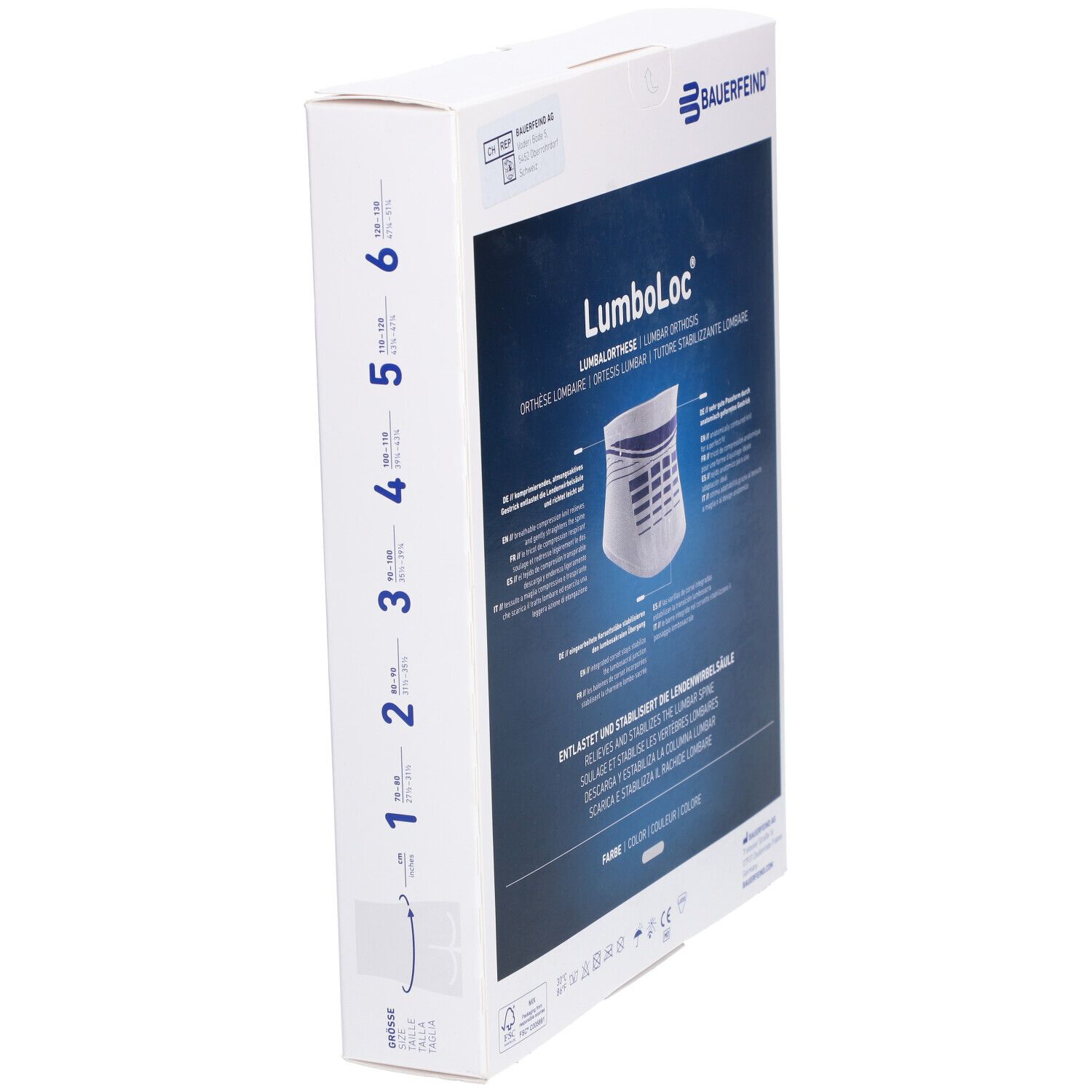 Verpackung der Rückenorthese LumboLoc von Bauerfeind. Produktname, Text in Deutsch, Englisch, Französisch, Italienisch. Größenangabe.