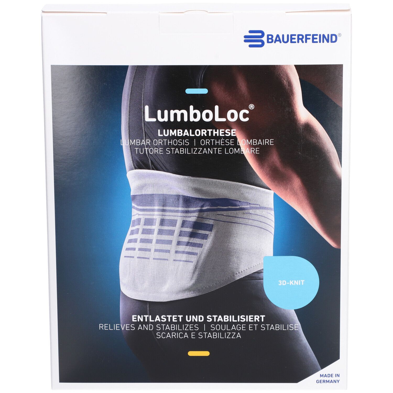 Rückenorthese LumboLoc von Bauerfeind. Produktabbildung auf der Verpackung. Text in Deutsch, Englisch, Französisch, Italienisch. 3D-Knit.