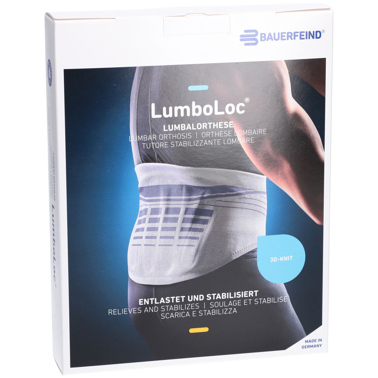 Rückenorthese LumboLoc von Bauerfeind. Produktabbildung auf der Verpackung. Text in Deutsch, Englisch, Französisch, Italienisch. 3D-Knit.