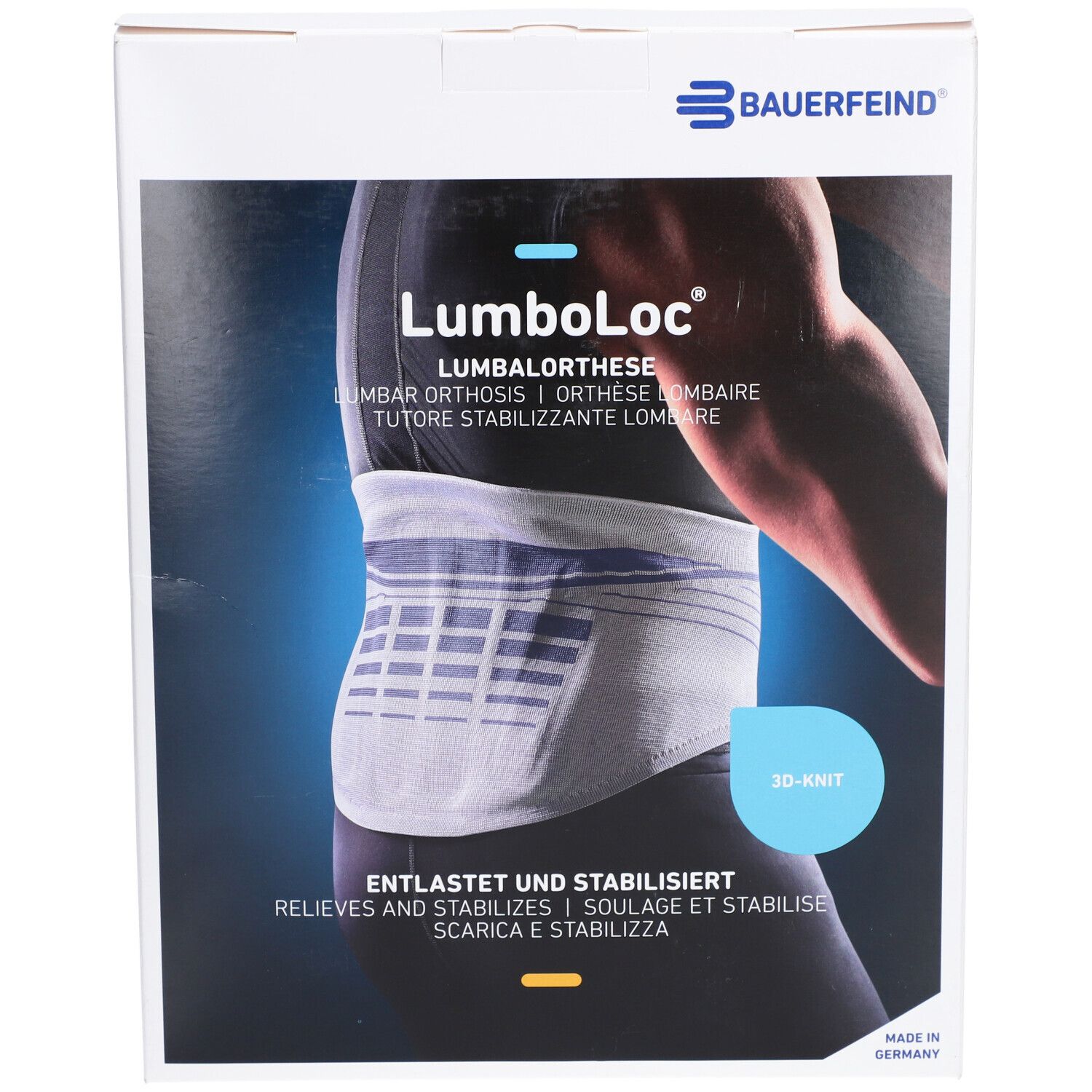 Emballage de l'orthèse lombaire LumboLoc. Marque Bauerfeind. Image du produit, texte : Soulage et stabilise.