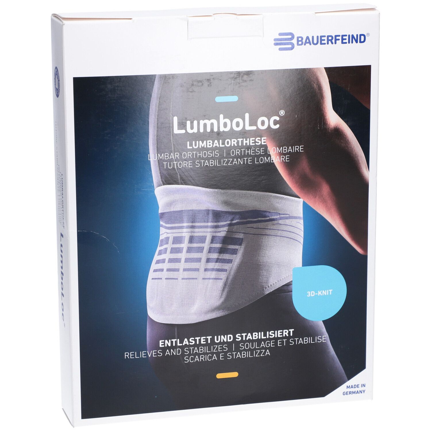 Emballage de l'orthèse lombaire LumboLoc. Marque Bauerfeind. Image du produit, texte : Soulage et stabilise.
