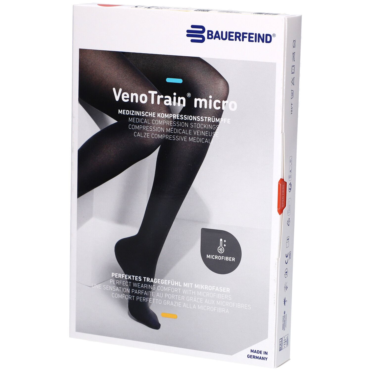 Boîte de bas de compression noirs. Marque Bauerfeind, modèle VenoTrain micro. Microfibre. Fabriqué en Allemagne.