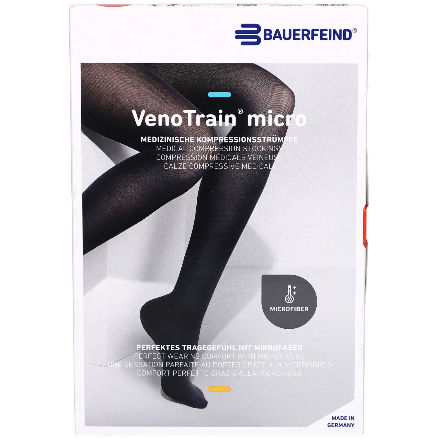 Boîte de bas de compression noirs. Marque Bauerfeind, modèle VenoTrain micro. Microfibre.