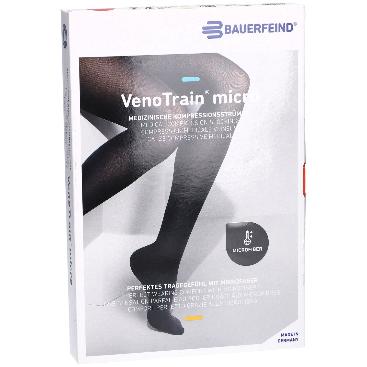 Boîte de bas de compression noirs. Marque Bauerfeind, modèle VenoTrain micro. Microfibre.
