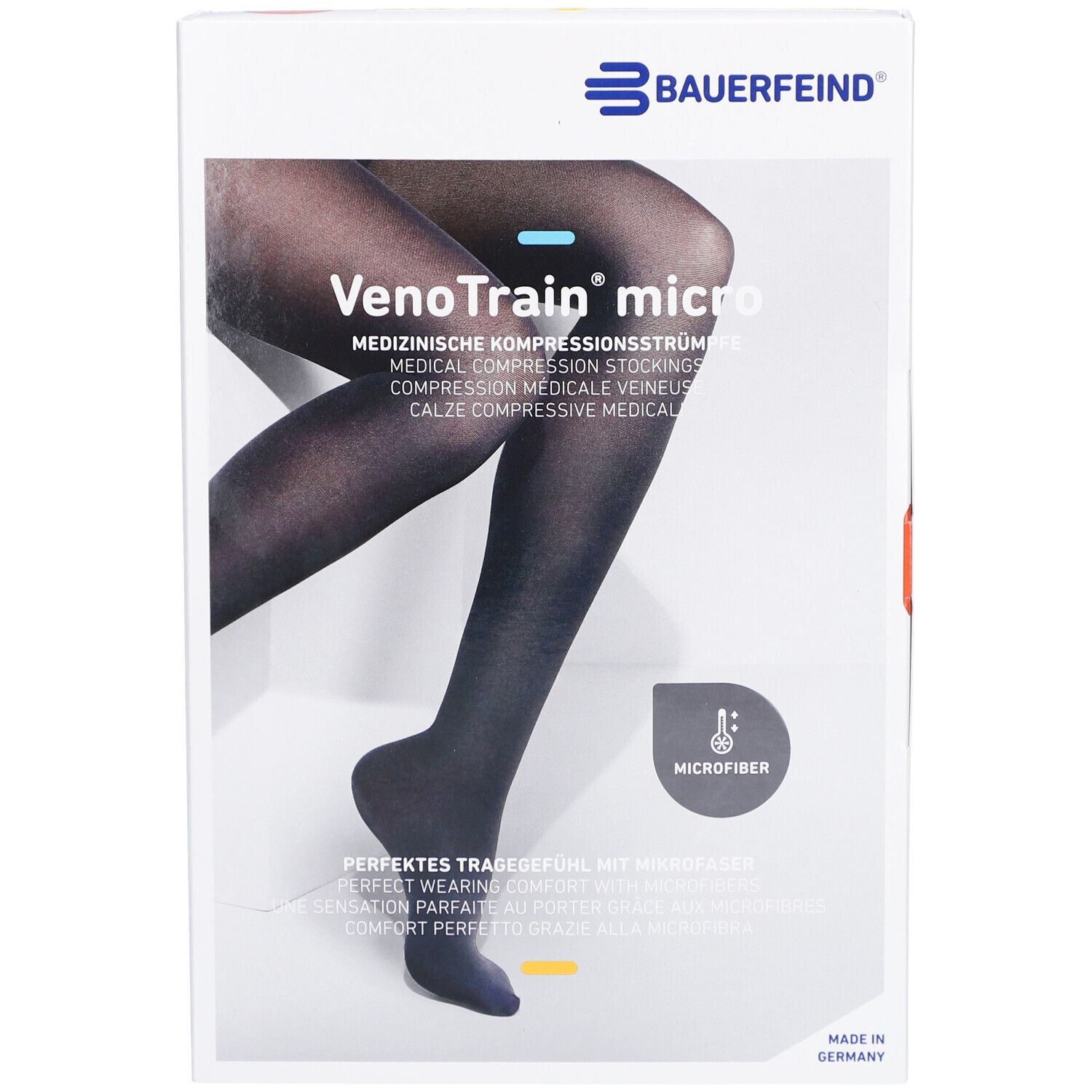 Verpackung mit Kompressionsstrümpfen. Schwarze Strümpfe auf weißem Hintergrund. Marke: BAUERFEIND, Produktname: VenoTrain micro.