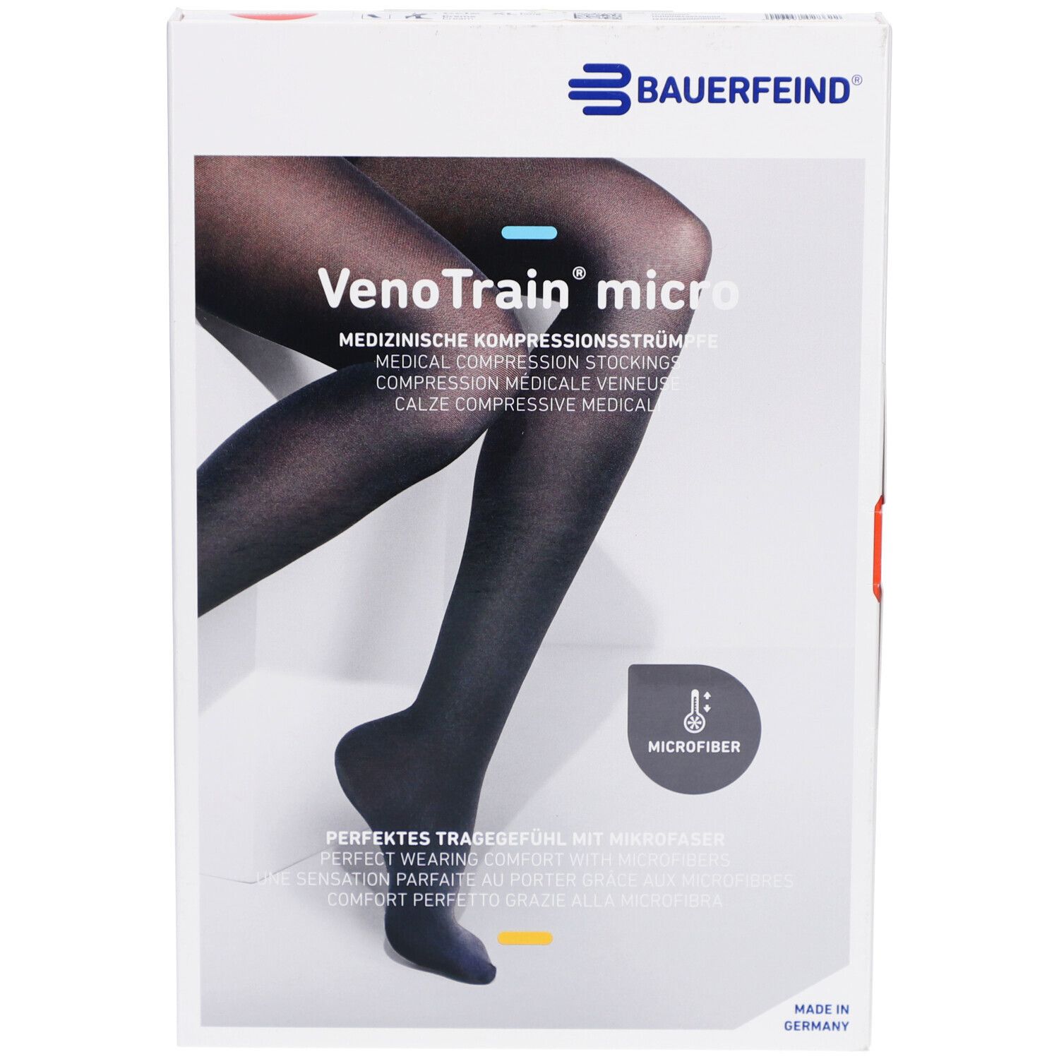 Verpackung mit Kompressionsstrümpfen. VenoTrain micro, medizinische Kompressionsstrümpfe. Schwarze Strümpfe auf der Verpackung.