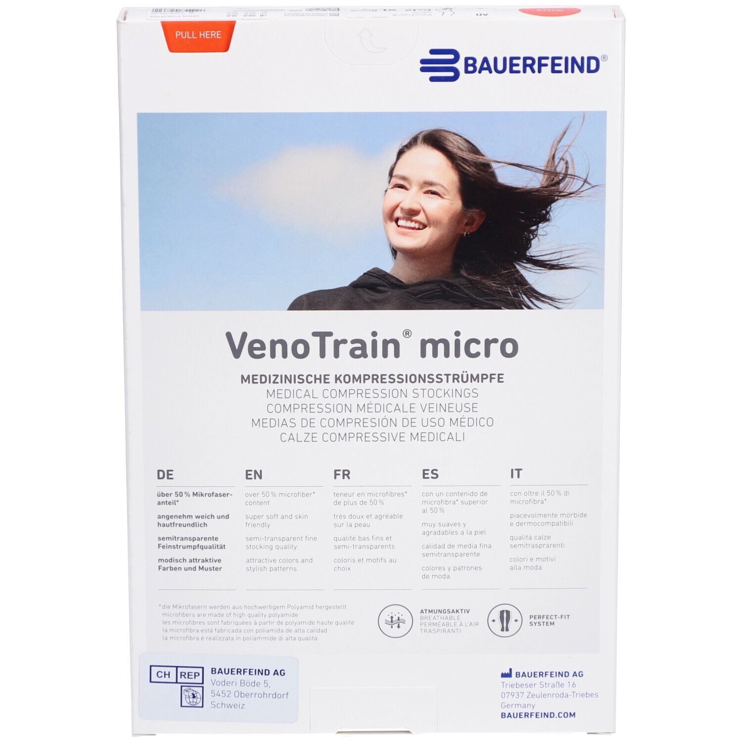 Rückseite der Verpackung. VenoTrain micro. Informationen in Deutsch, Englisch, Französisch und Italienisch.