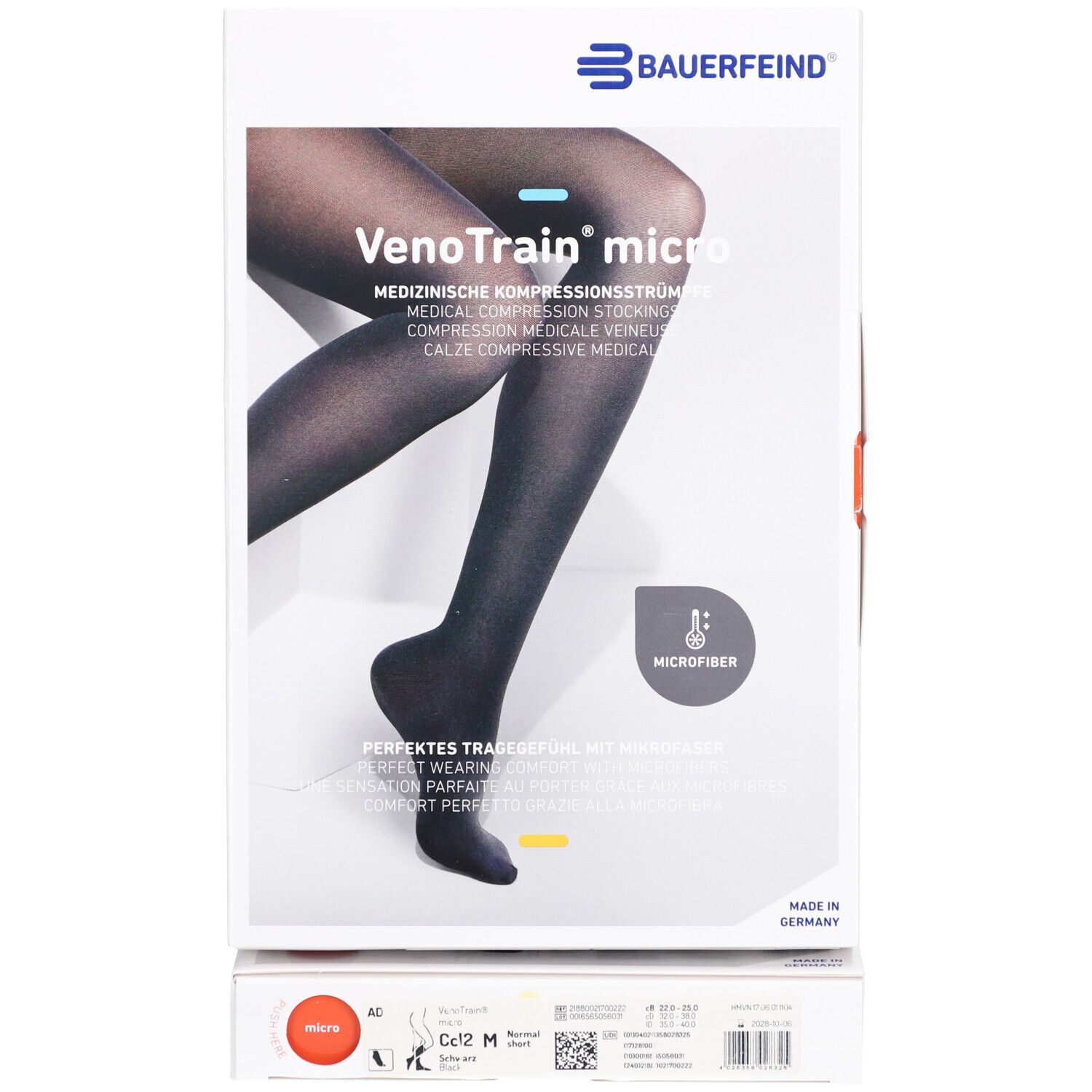 Kompressionsstrümpfe, schwarz, in Verpackung. Marke Bauerfeind, VenoTrain micro. CCL2, Größe M. Mikrofaser.