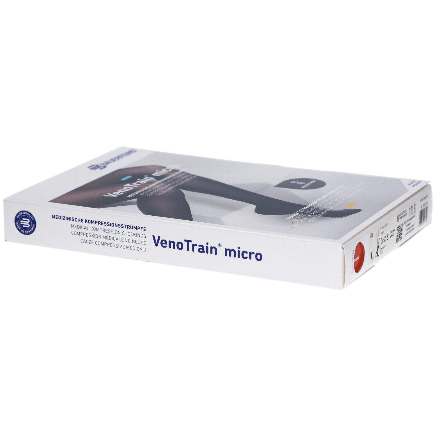 Verpackung mit VenoTrain micro Kompressionsstrümpfen. Aufschrift: Medizinische Kompressionsstrümpfe. Farbe: Schwarz.