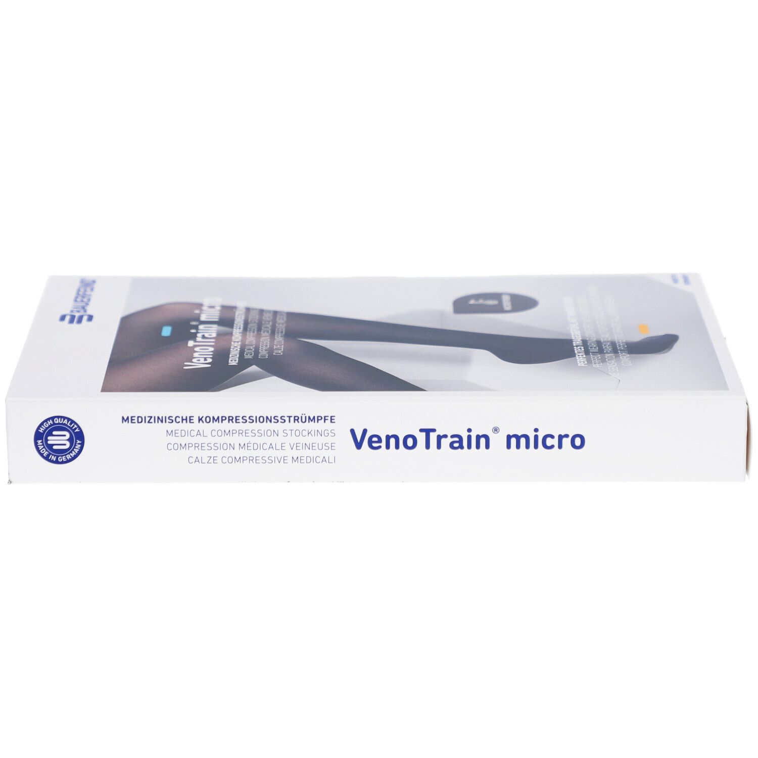 Verpackung mit VenoTrain micro Kompressionsstrümpfen. Aufschrift: Medizinische Kompressionsstrümpfe. Farbe: Schwarz.