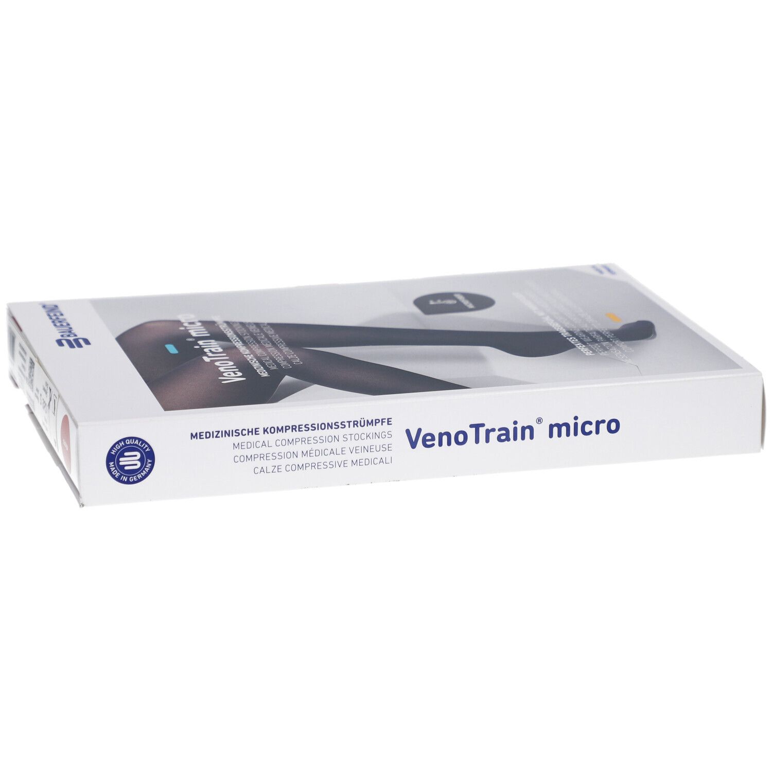 Verpackung mit VenoTrain micro Kompressionsstrümpfen. Aufschrift: Medizinische Kompressionsstrümpfe. Farbe: Schwarz.