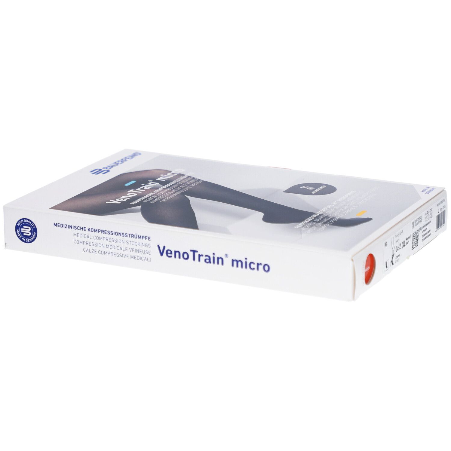 Verpackung mit Kompressionsstrümpfen. Aufdruck: VenoTrain micro, medizinische Kompressionsstrümpfe. Größe XL, normal/kurz.