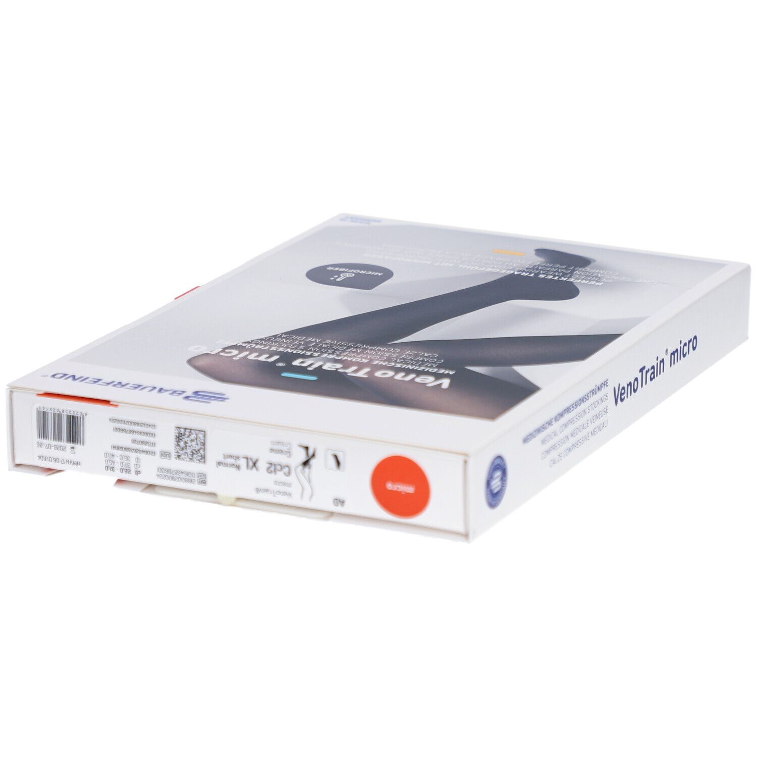 Verpackung mit Kompressionsstrümpfen. Aufdruck: VenoTrain micro, medizinische Kompressionsstrümpfe. Größe XL, normal/kurz.