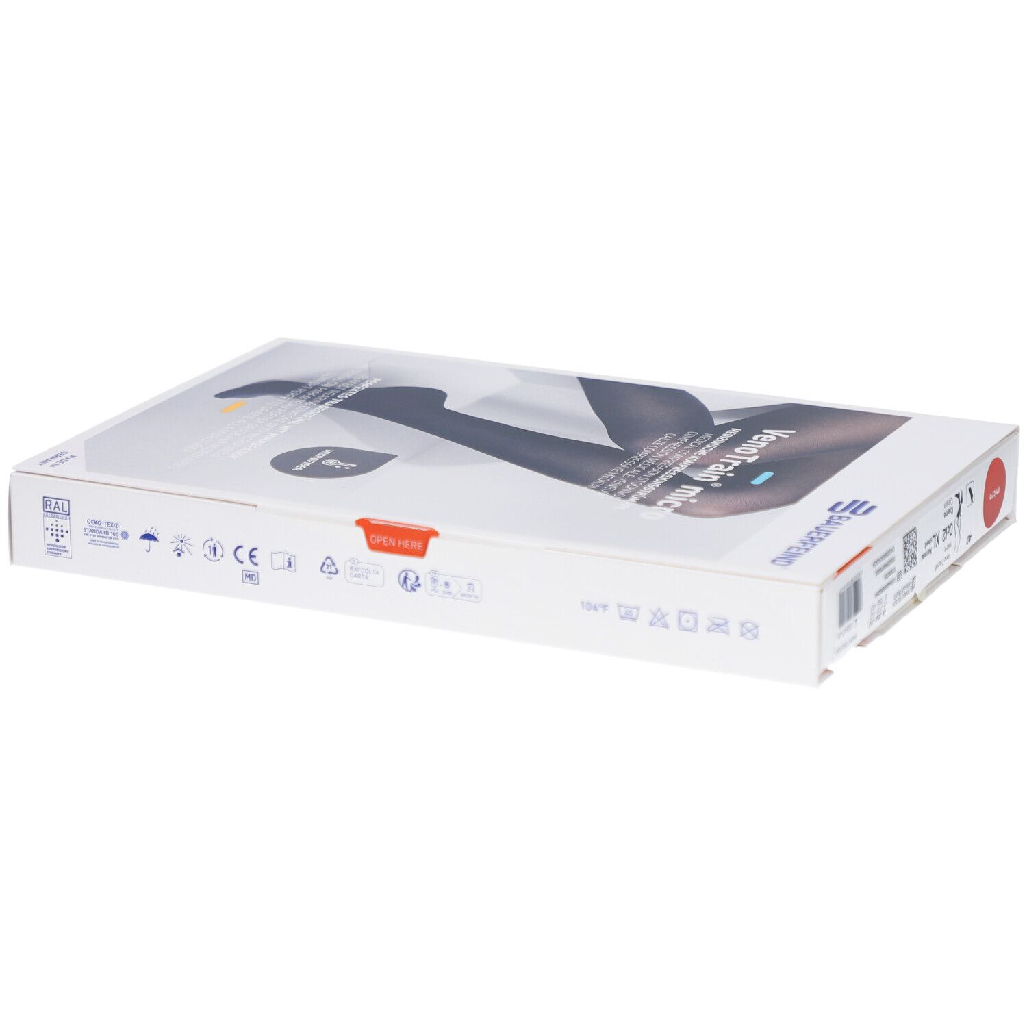 Verpackung mit Kompressionsstrümpfen. Aufdruck: VenoTrain micro, medizinische Kompressionsstrümpfe. Größe XL, normal/kurz.