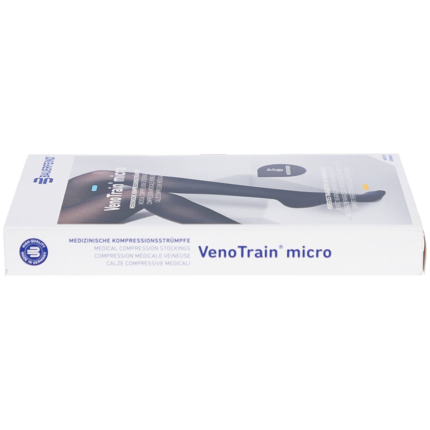 Verpackung mit Kompressionsstrümpfen. Aufdruck: VenoTrain micro, medizinische Kompressionsstrümpfe. Größe XL, normal/kurz.