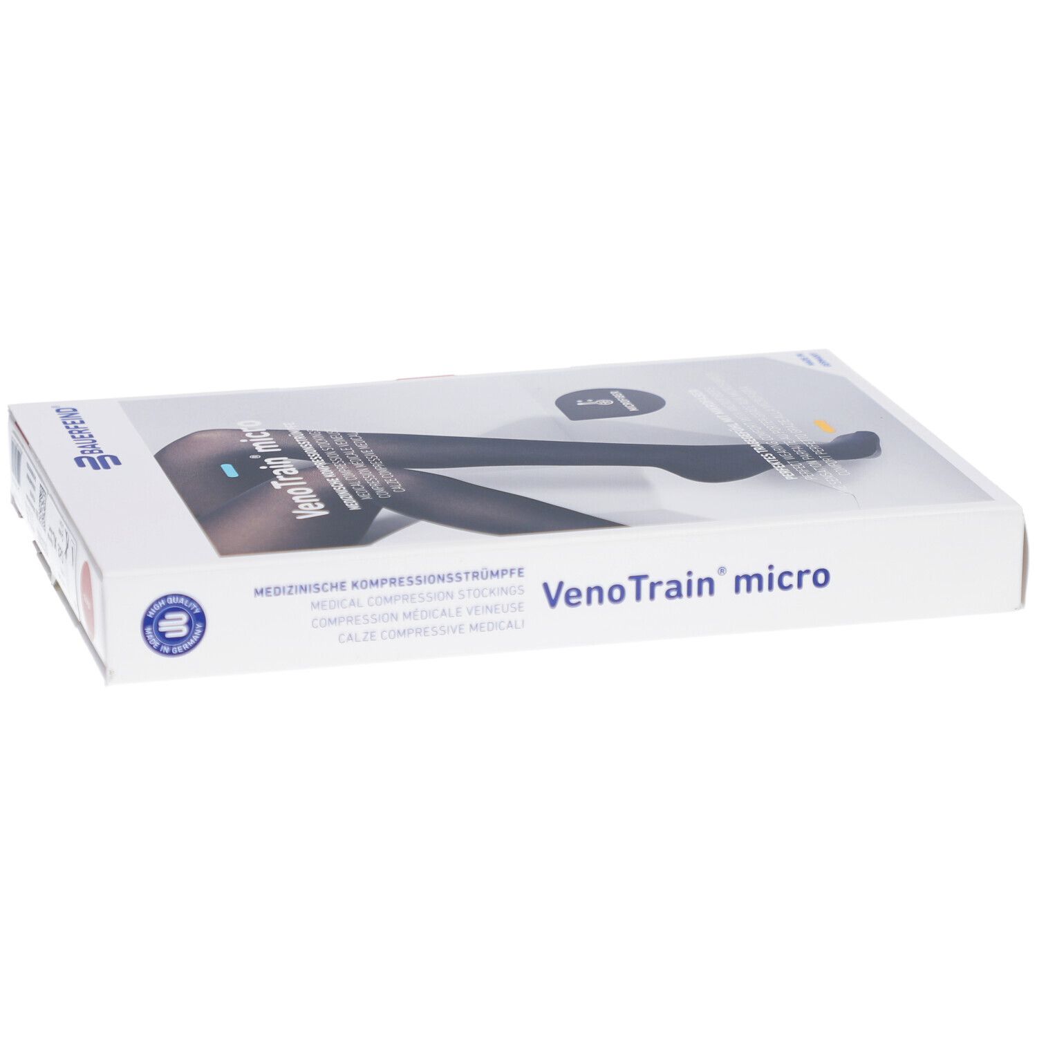 Verpackung mit Kompressionsstrümpfen. Aufdruck: VenoTrain micro, medizinische Kompressionsstrümpfe. Größe XL, normal/kurz.