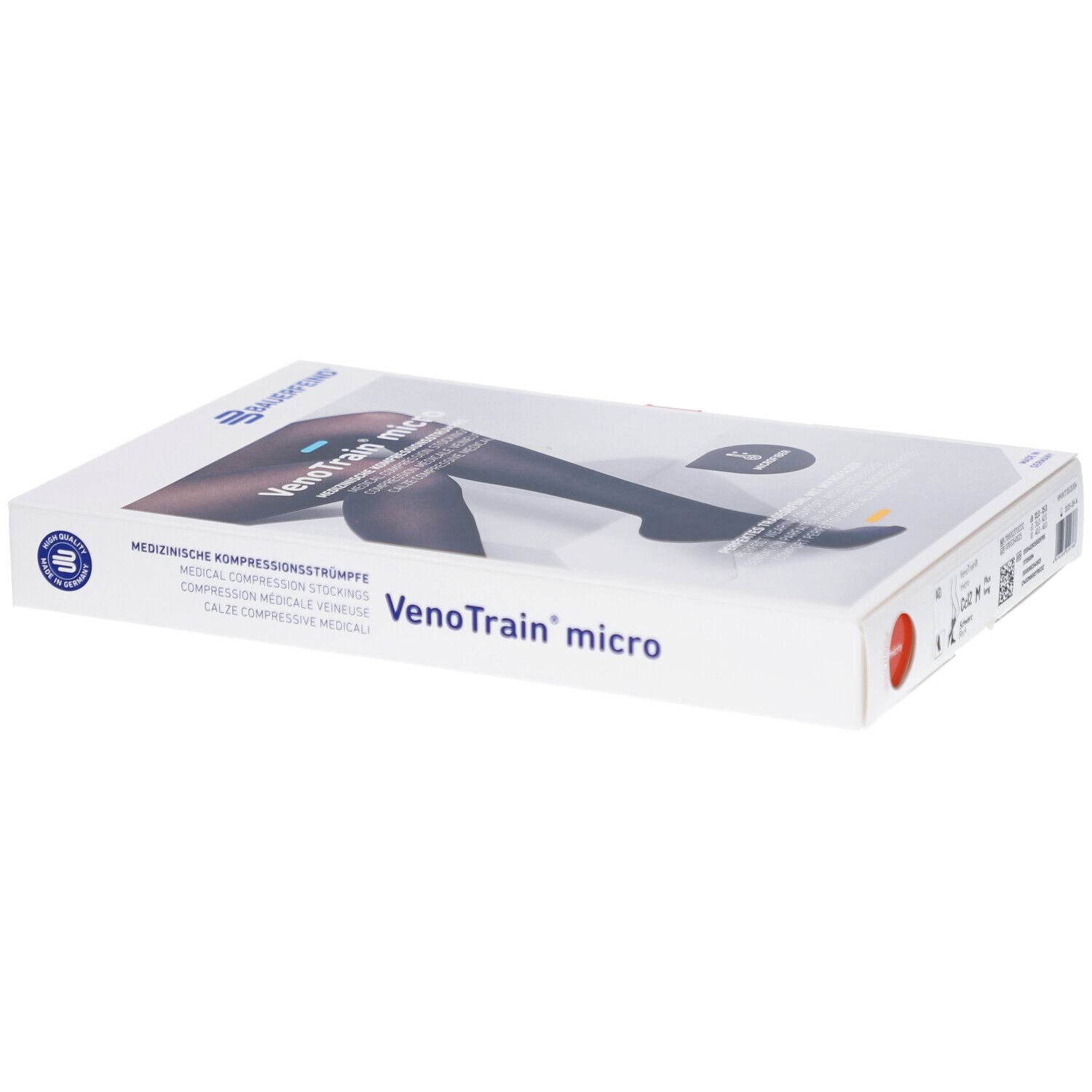 Verpackung mit Kompressionsstrümpfen. Aufschrift: VenoTrain micro, Medizinische Kompressionsstrümpfe. Marke: BAUERFEIND.