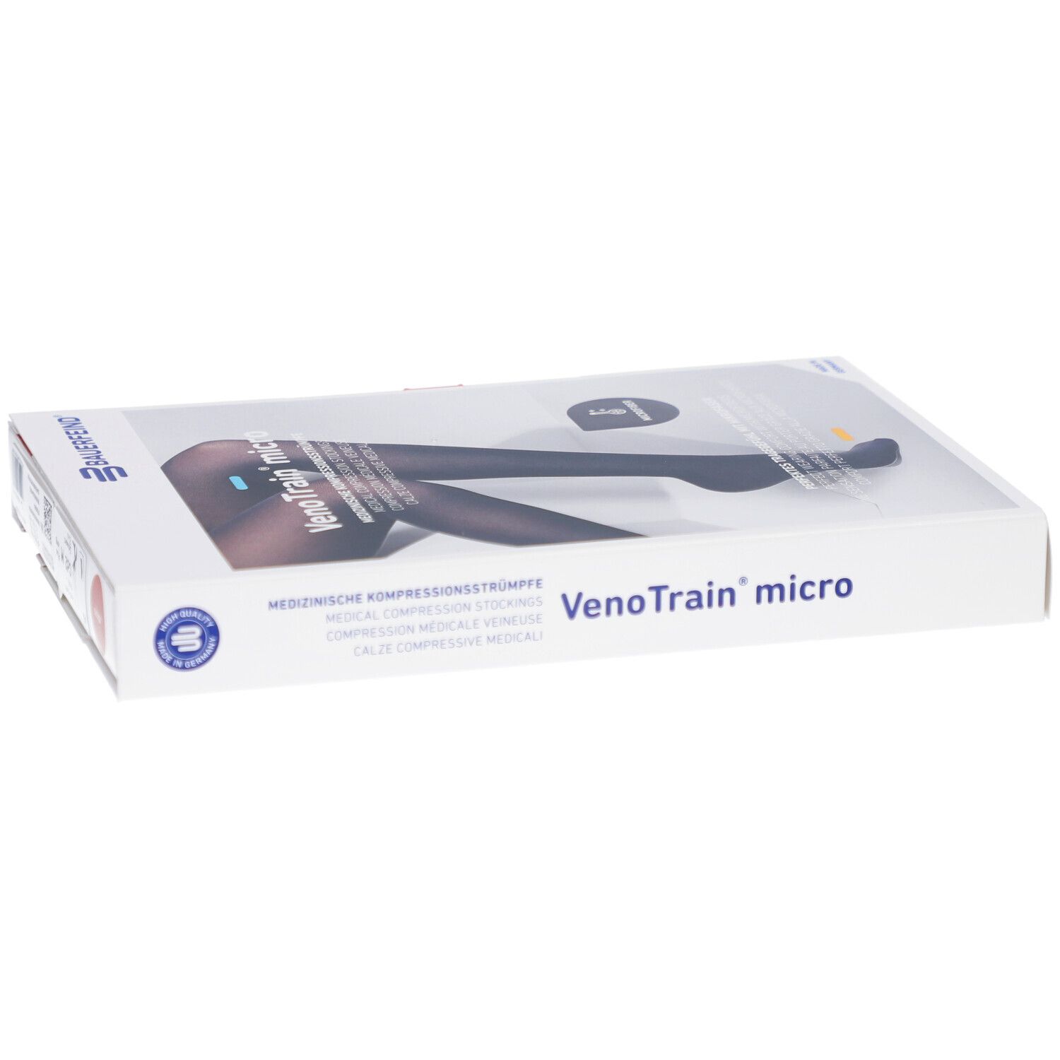 Verpackung mit Kompressionsstrümpfen. Aufschrift: VenoTrain micro, Medizinische Kompressionsstrümpfe. Marke: BAUERFEIND.