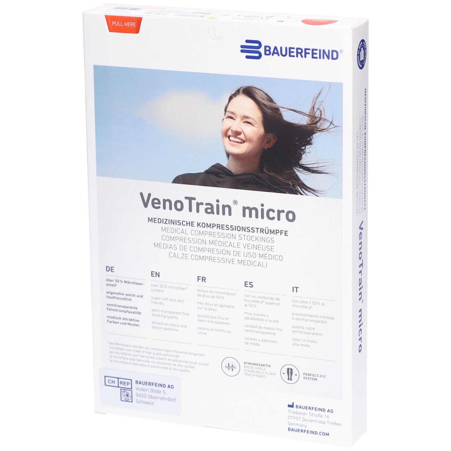 Rückseite der Verpackung mit Kompressionsstrümpfen. VenoTrain micro. Frau lächelt. Texte in mehreren Sprachen.