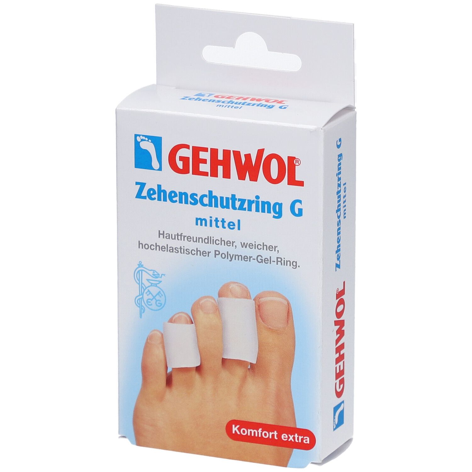 Emballage de Zehenschutzring G mittel. Texte: GEHWOL. Anneaux sur les orteils. Label: Komfort extra.