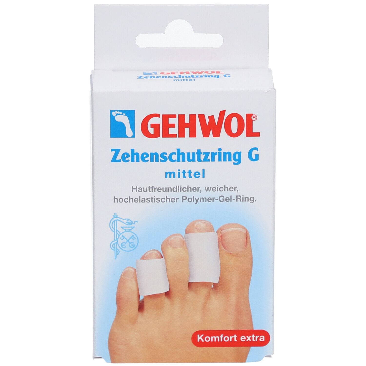 Emballage de Zehenschutzring G mittel. Texte: GEHWOL. Anneaux sur les orteils. Label: Komfort extra.