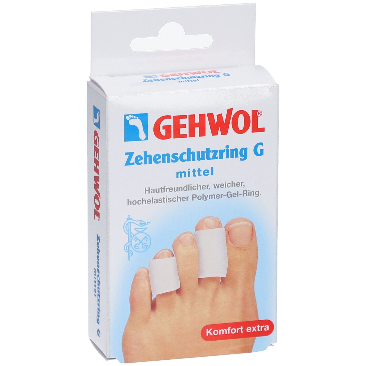 Emballage de Zehenschutzring G mittel. Texte: GEHWOL. Anneaux sur les orteils. Label: Komfort extra.