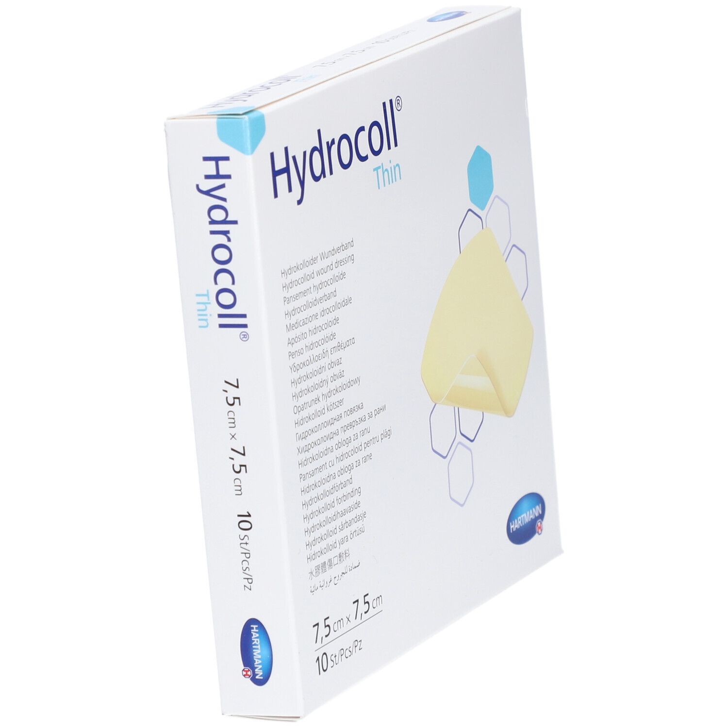 Boîte Hydrocoll Thin en biais. 7,5 x 7,5 cm. 10 pièces. Marque HARTMANN. Image du produit.