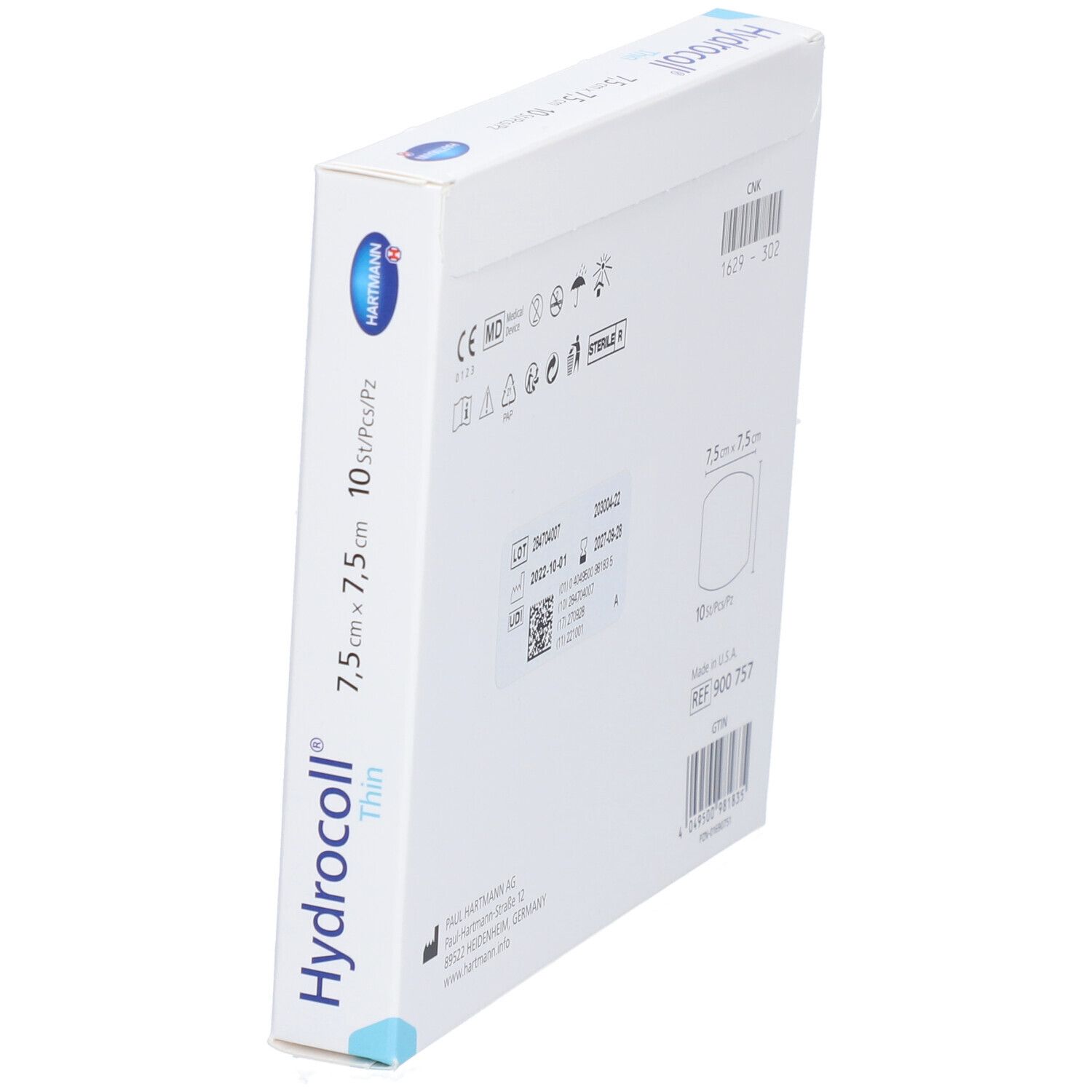 Boîte Hydrocoll Thin en biais. Dos avec informations sur le lot, la date de péremption, le fabricant et les certifications.