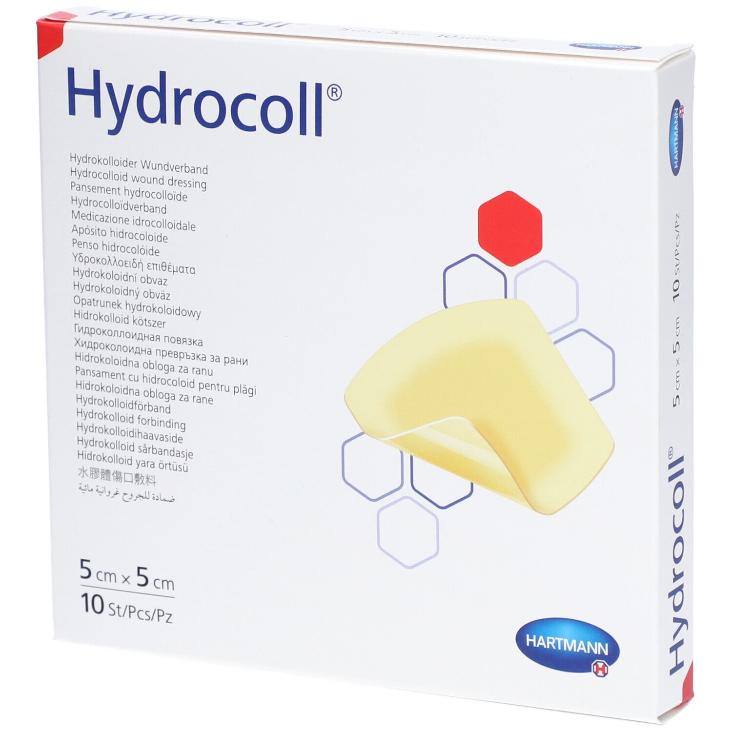 Hydrocoll Wundverband-Packung. 5x5 cm, 10 Stück. Hartmann-Logo. Gezeigt ist ein Pflaster.