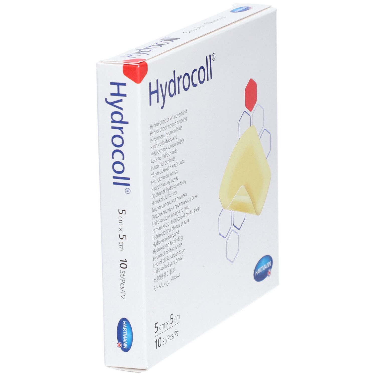 Hydrocoll-Packung, 5x5 cm, 10 Stück. Hartmann-Logo. Gezeigt ist die Packung schräg.