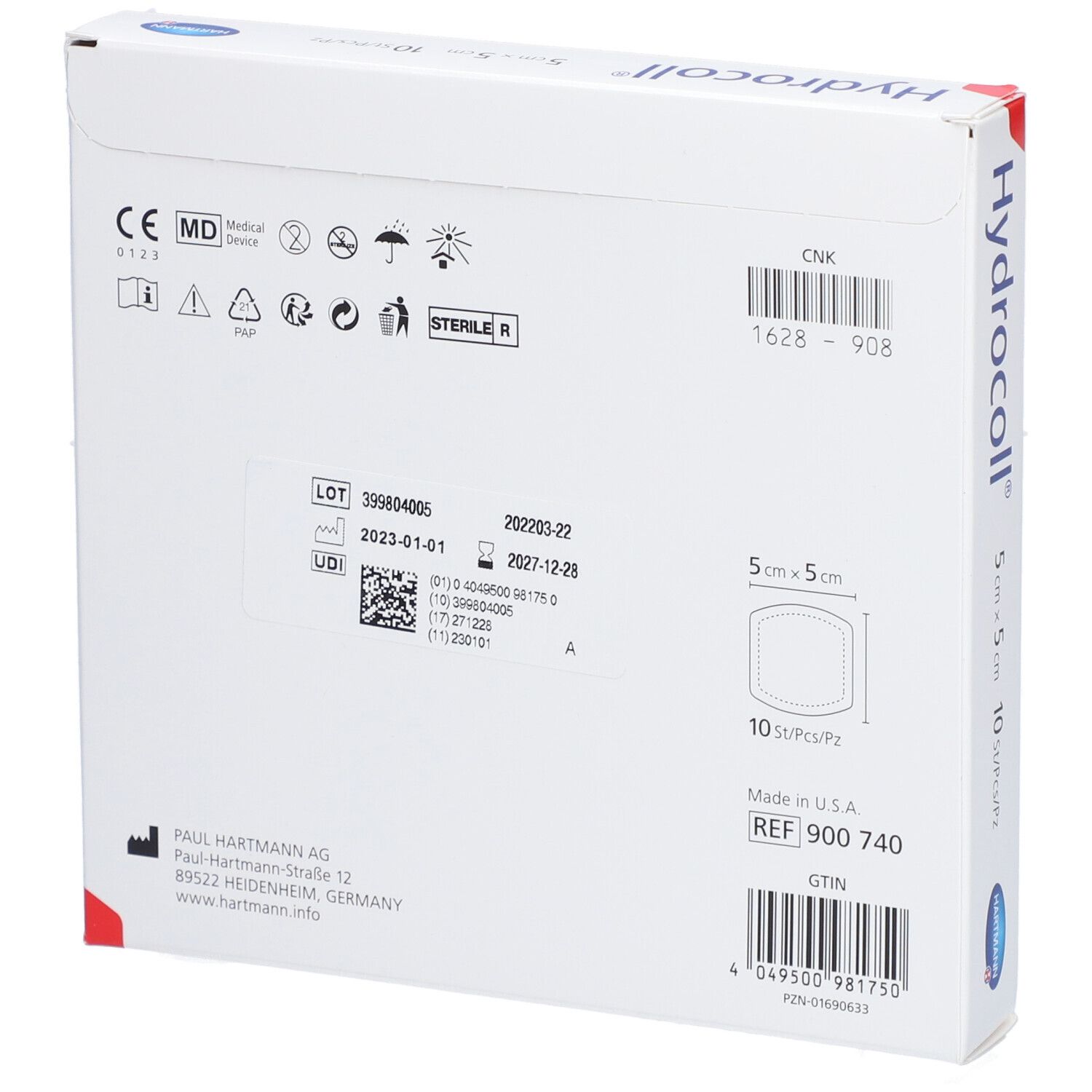 Rückseite der Hydrocoll-Packung. Informationen zu Chargennummer, Verfallsdatum, Hersteller und Zertifizierungen.
