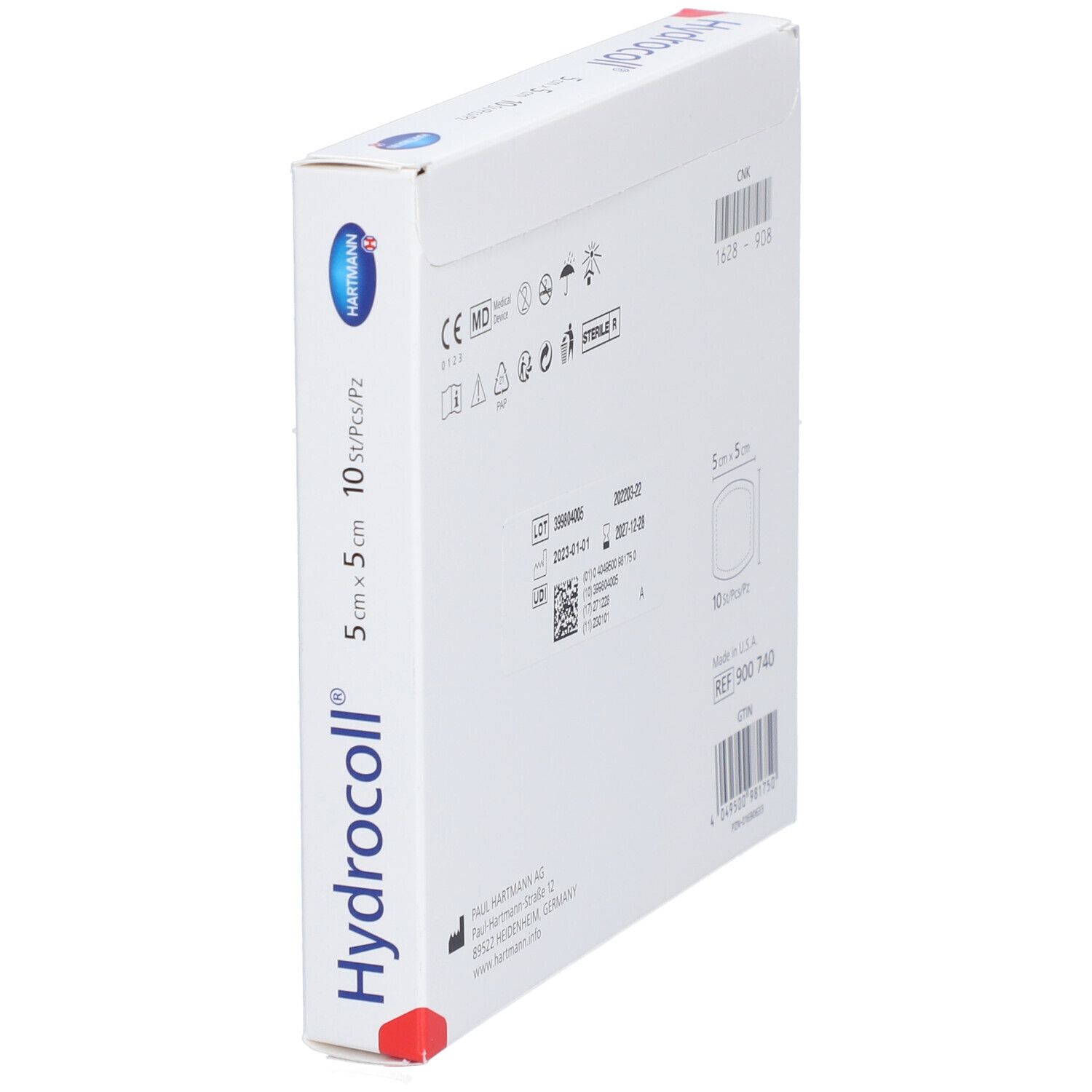 Hydrocoll-Packung, 5x5 cm, 10 Stück. Hartmann-Logo. Gezeigt ist die Packung schräg.