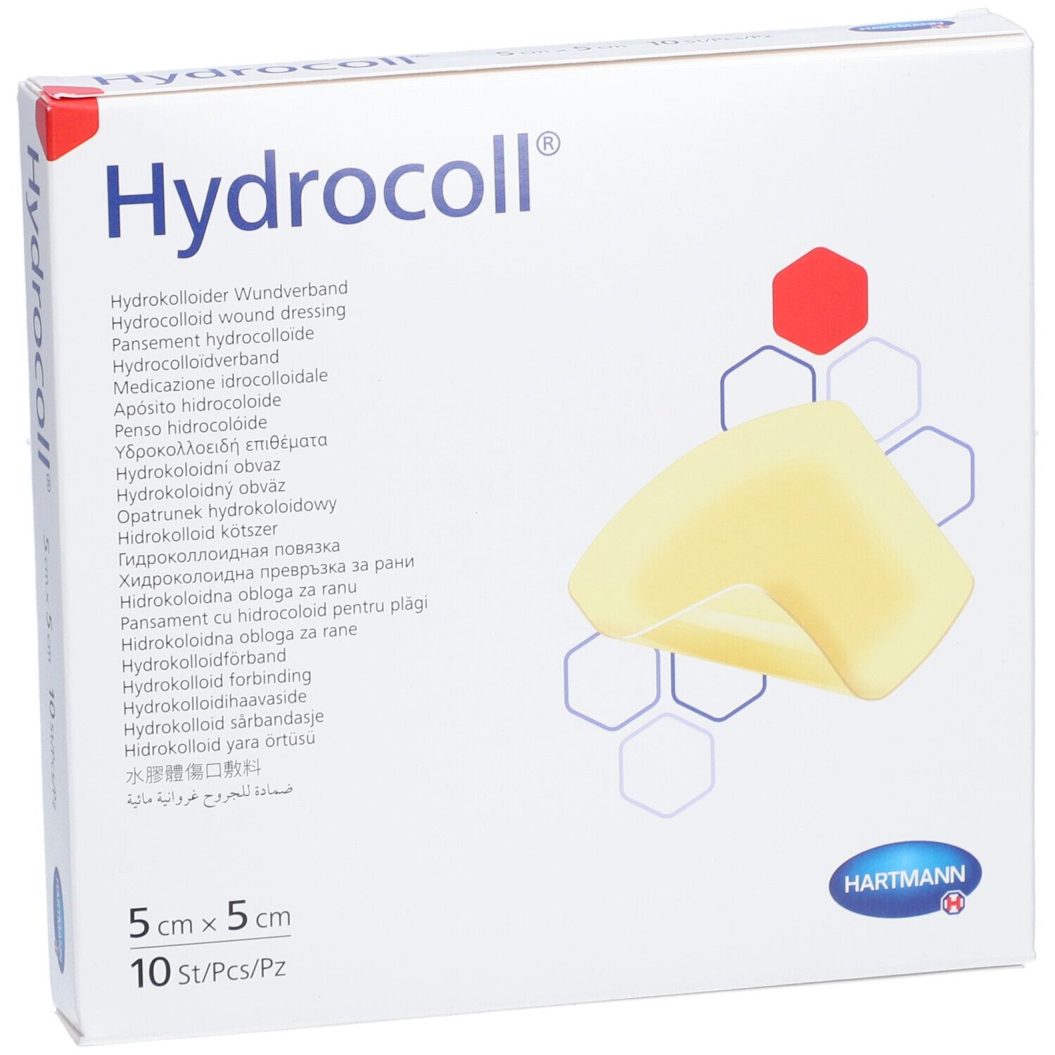 Hydrocoll Wundverband-Packung. 5x5 cm, 10 Stück. Hartmann-Logo. Gezeigt ist ein Pflaster.
