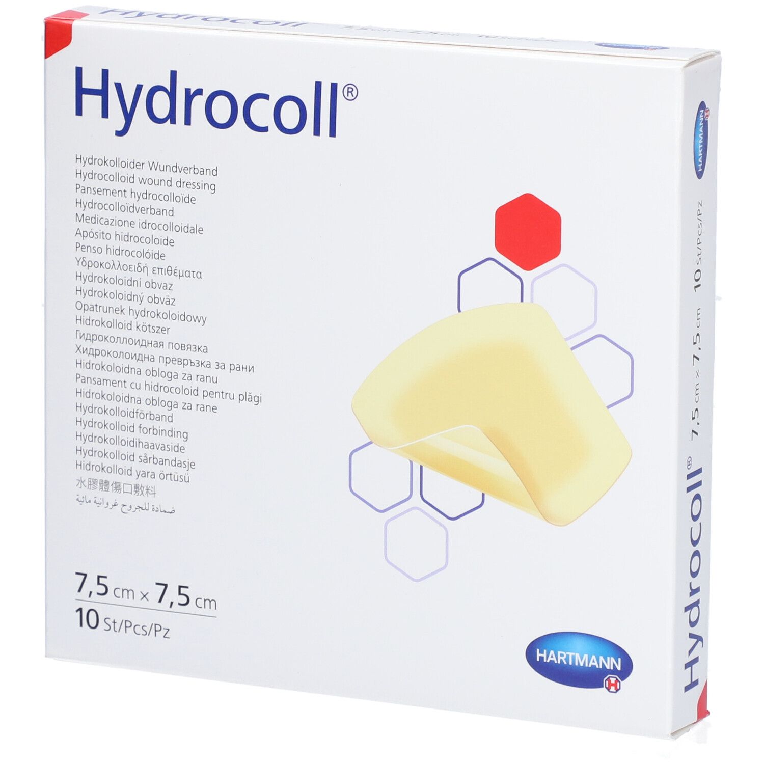 Hydrocoll Wundverband-Packung. 7,5 x 7,5 cm, 10 Stück. Hartmann-Logo. Gezeigt ist ein einzelnes Pflaster.