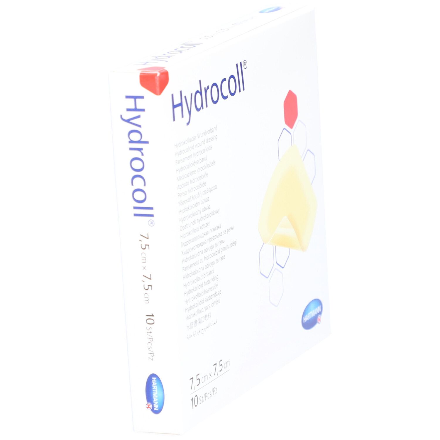 Hydrocoll-Packung, 7,5 x 7,5 cm, 10 Stück. Hartmann-Logo. Schrägansicht der Verpackung.