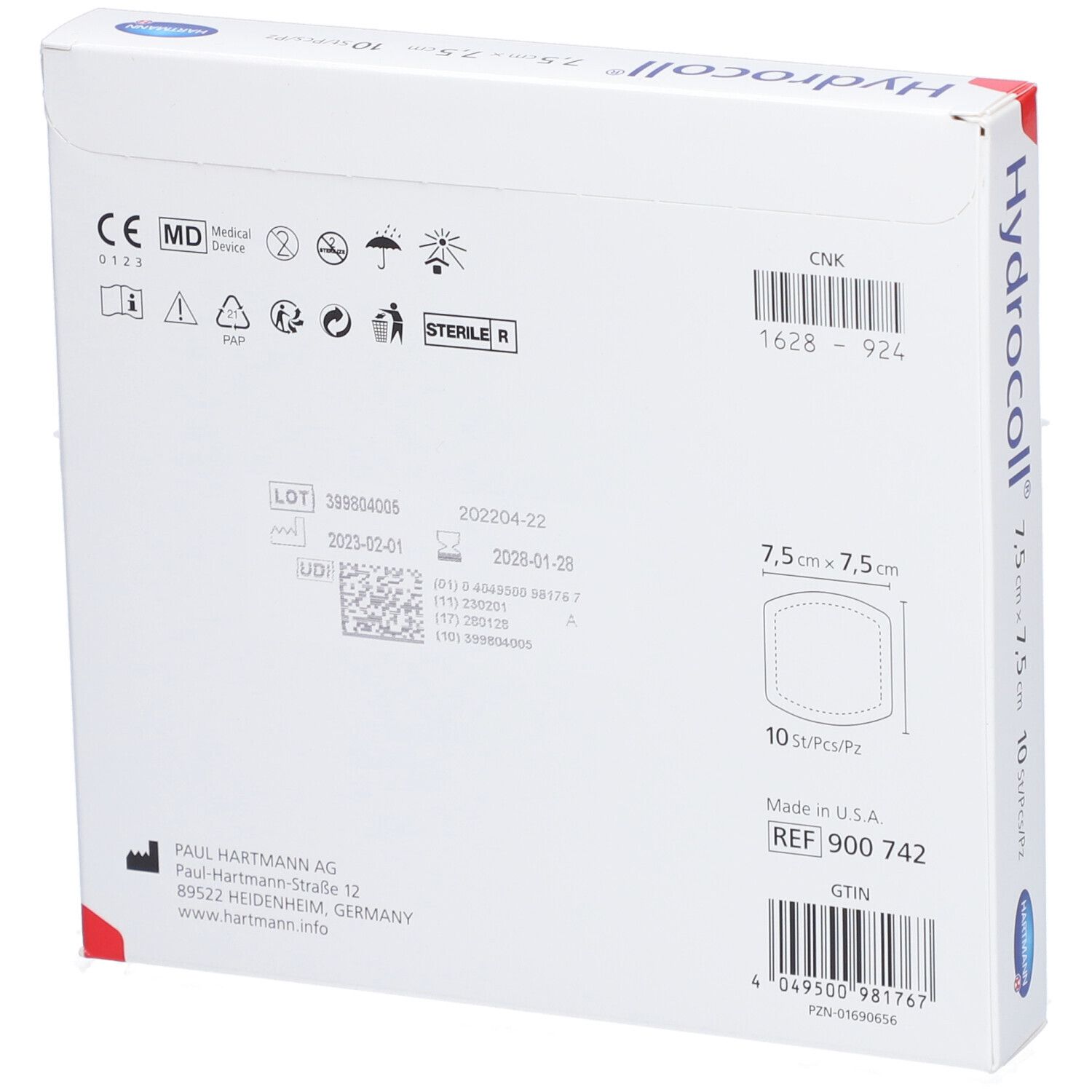 Rückseite der Hydrocoll-Packung. Informationen zu Größe, Chargennummer, Verfallsdatum, Hersteller und Zertifizierungen.