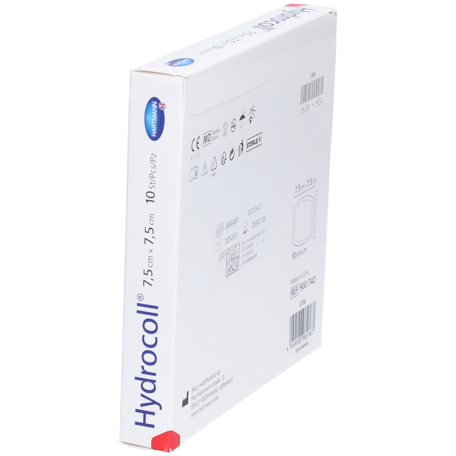 Hydrocoll-Packung, 7,5 x 7,5 cm, 10 Stück. Hartmann-Logo. Schrägansicht der Verpackung.