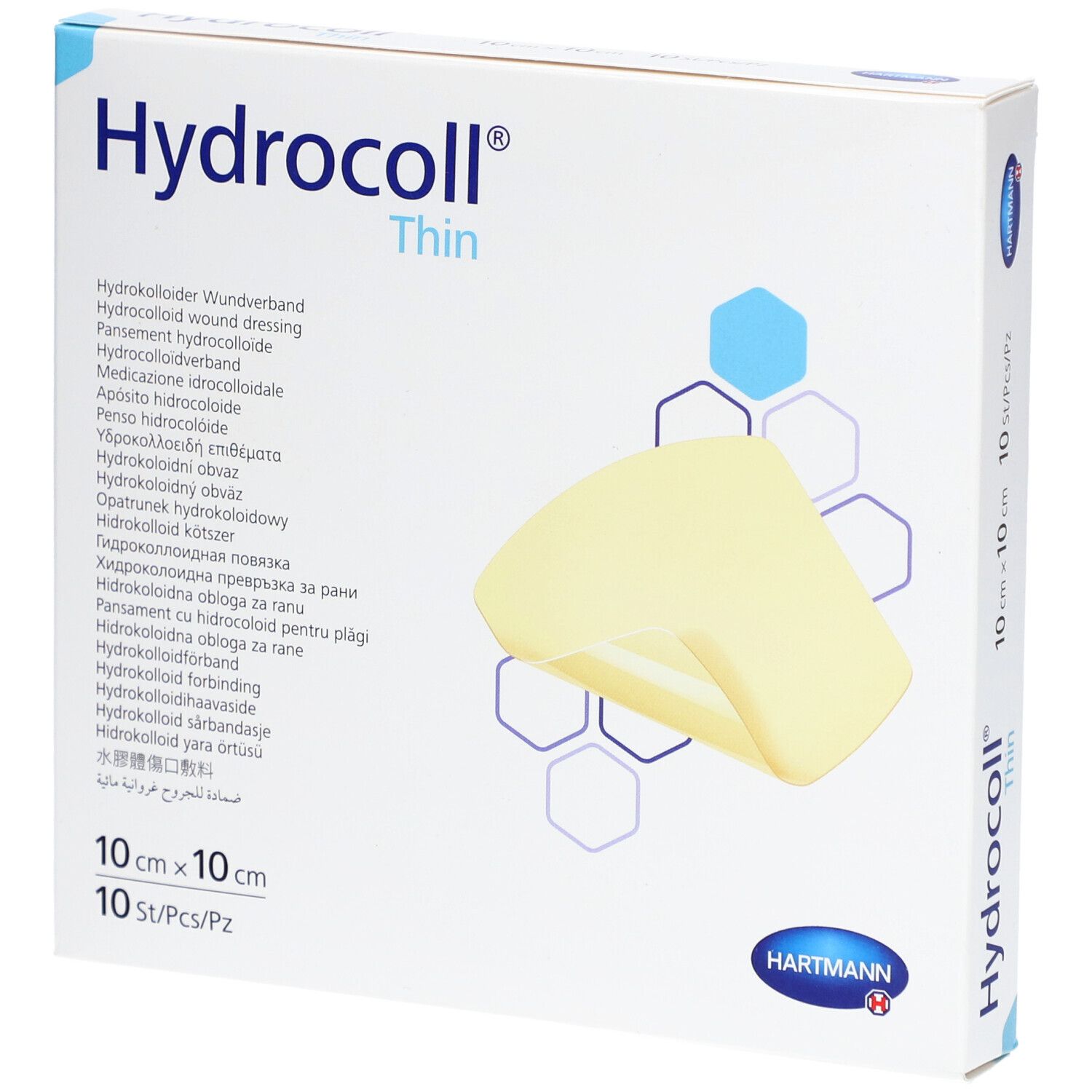 Verpackung Hydrocoll® Thin, 10 cm x 10 cm, 10 Stück. Produktabbildung mit Produktnamen und Logo.