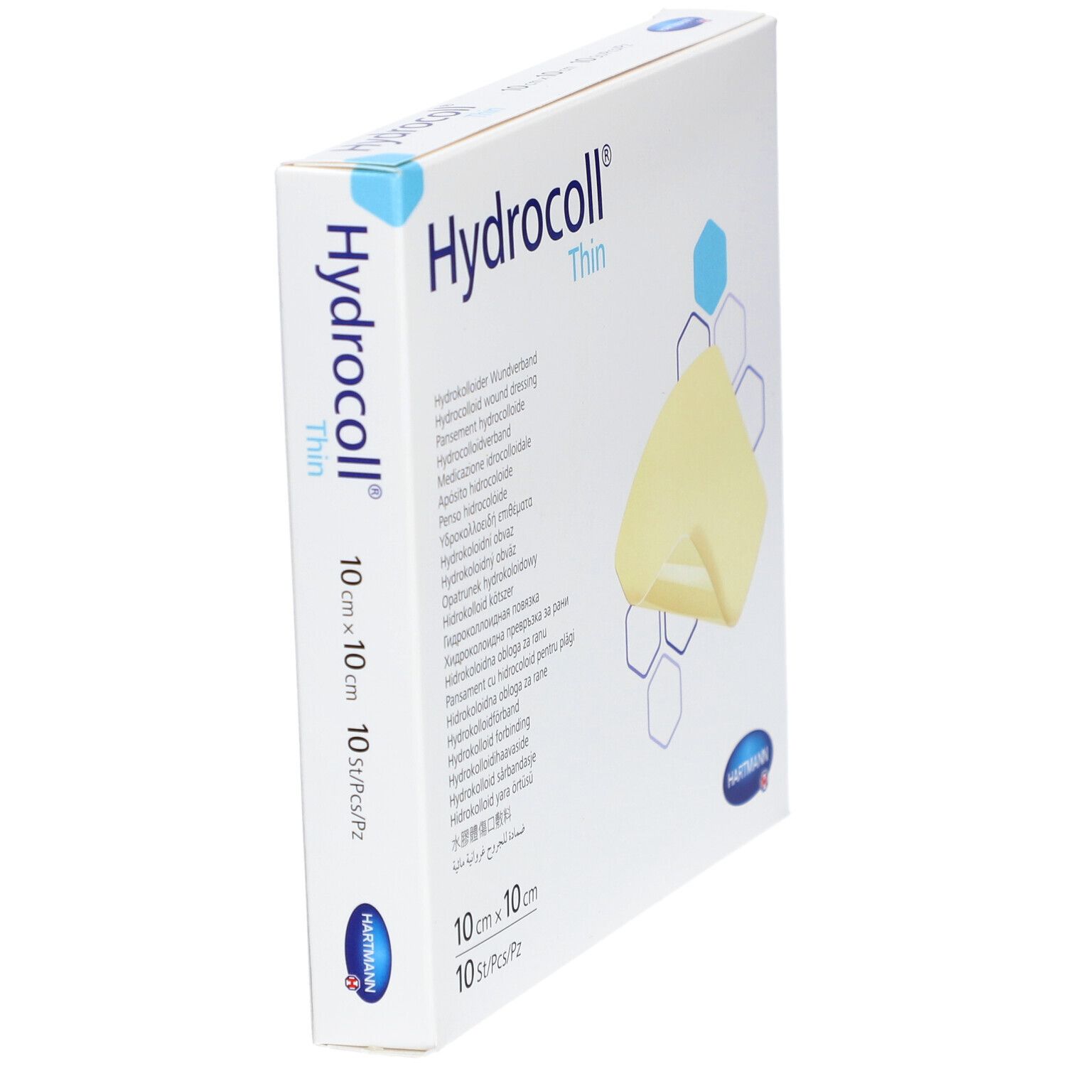 Schrägansicht der Hydrocoll® Thin Verpackung. Produktname, Größe und Anzahl der Pflaster sind sichtbar.