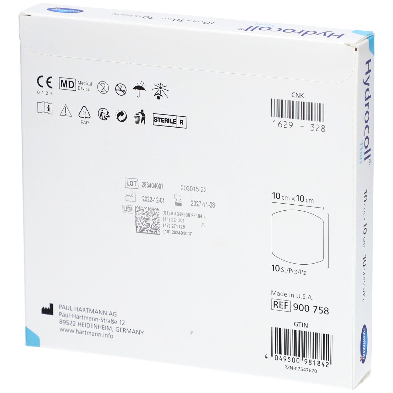Rückseite der Hydrocoll® Thin Verpackung. Informationen zu Hersteller, Chargennummer, Größe und Sterilität.