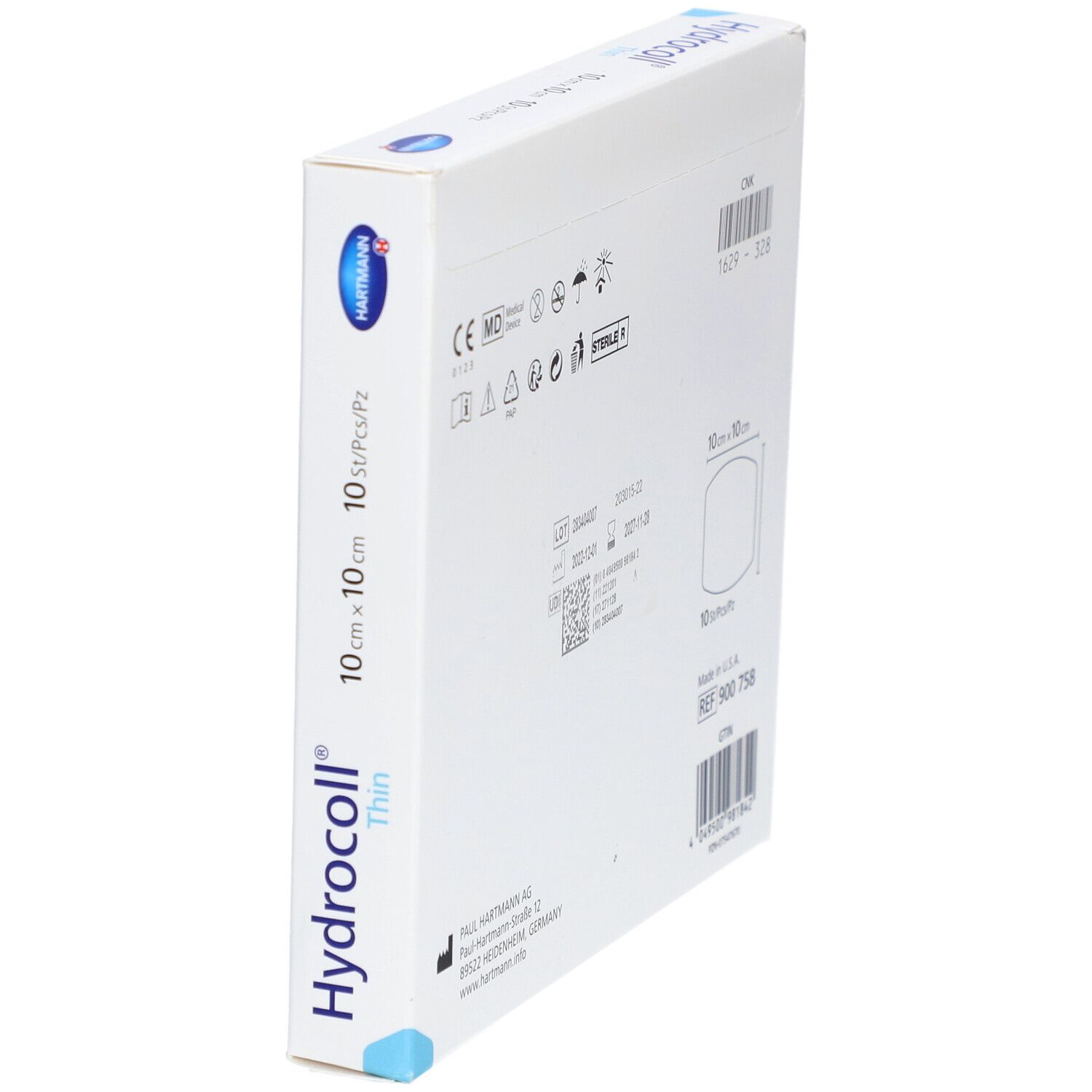 Schrägansicht der Rückseite der Hydrocoll® Thin Verpackung. Informationen zu Hersteller, Chargennummer und Größe.