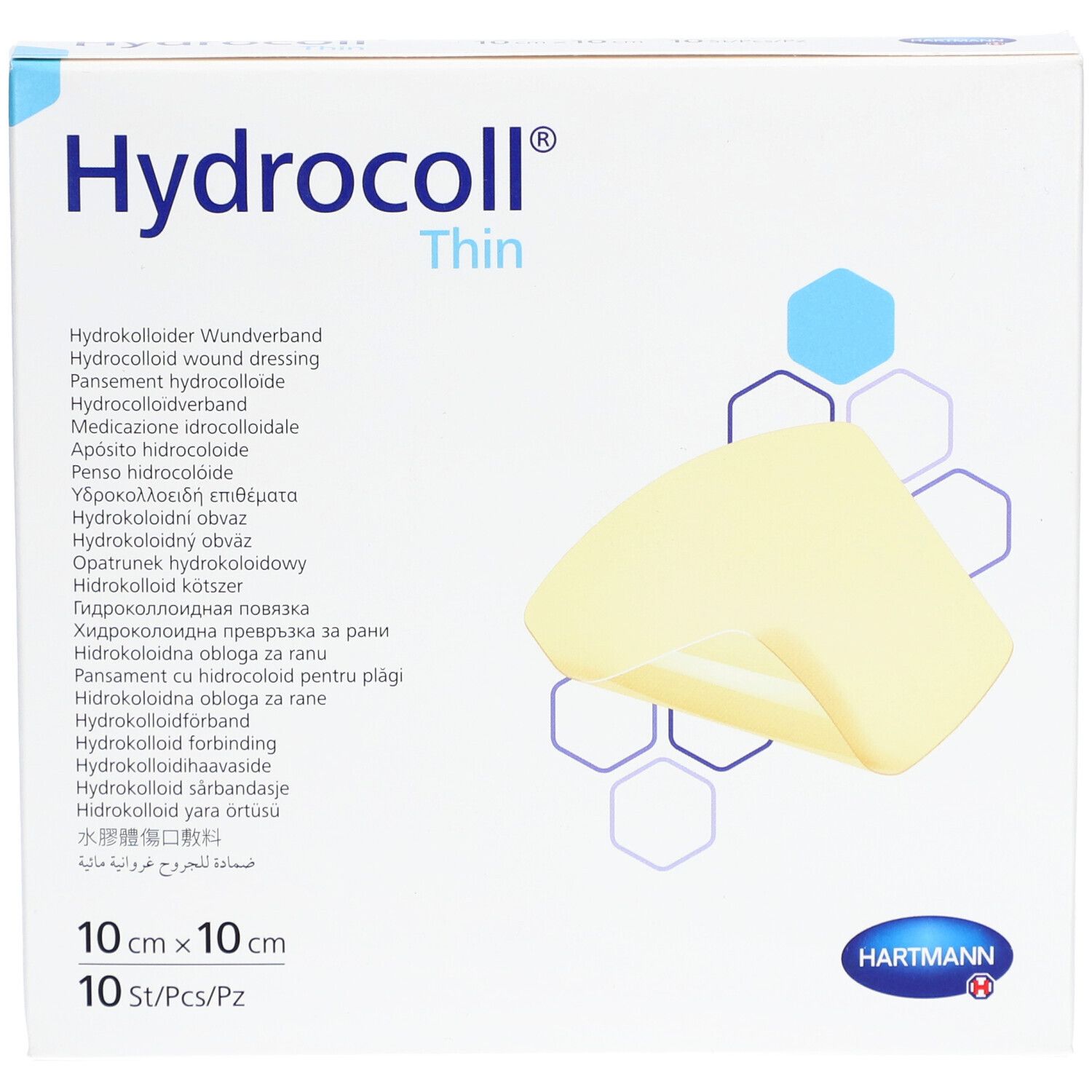 Hydrocoll® Thin Verpackung, 10 cm x 10 cm, 10 Stück. Produktname, Logo und Produktabbildung.