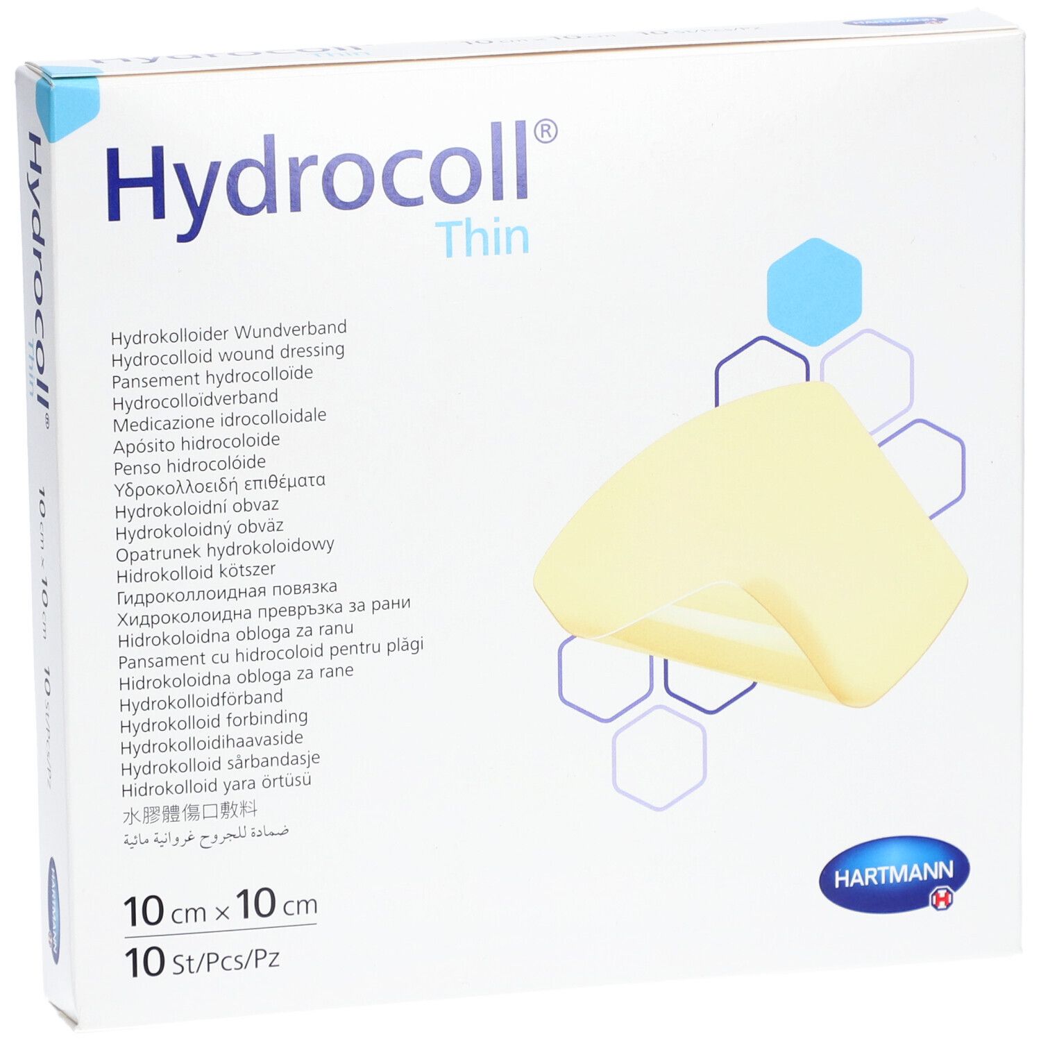Hydrocoll® Thin Verpackung, 10 cm x 10 cm, 10 Stück. Produktname, Logo und Produktabbildung.