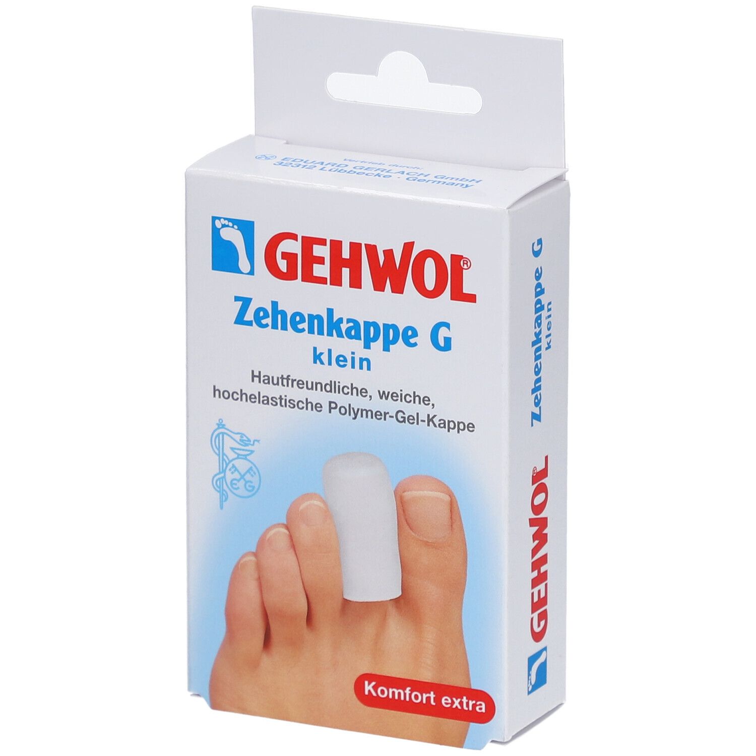 Weiße Verpackung mit GEHWOL-Logo und Produktbezeichnung. Zehenkappe G klein, auf einem Zeh platziert.