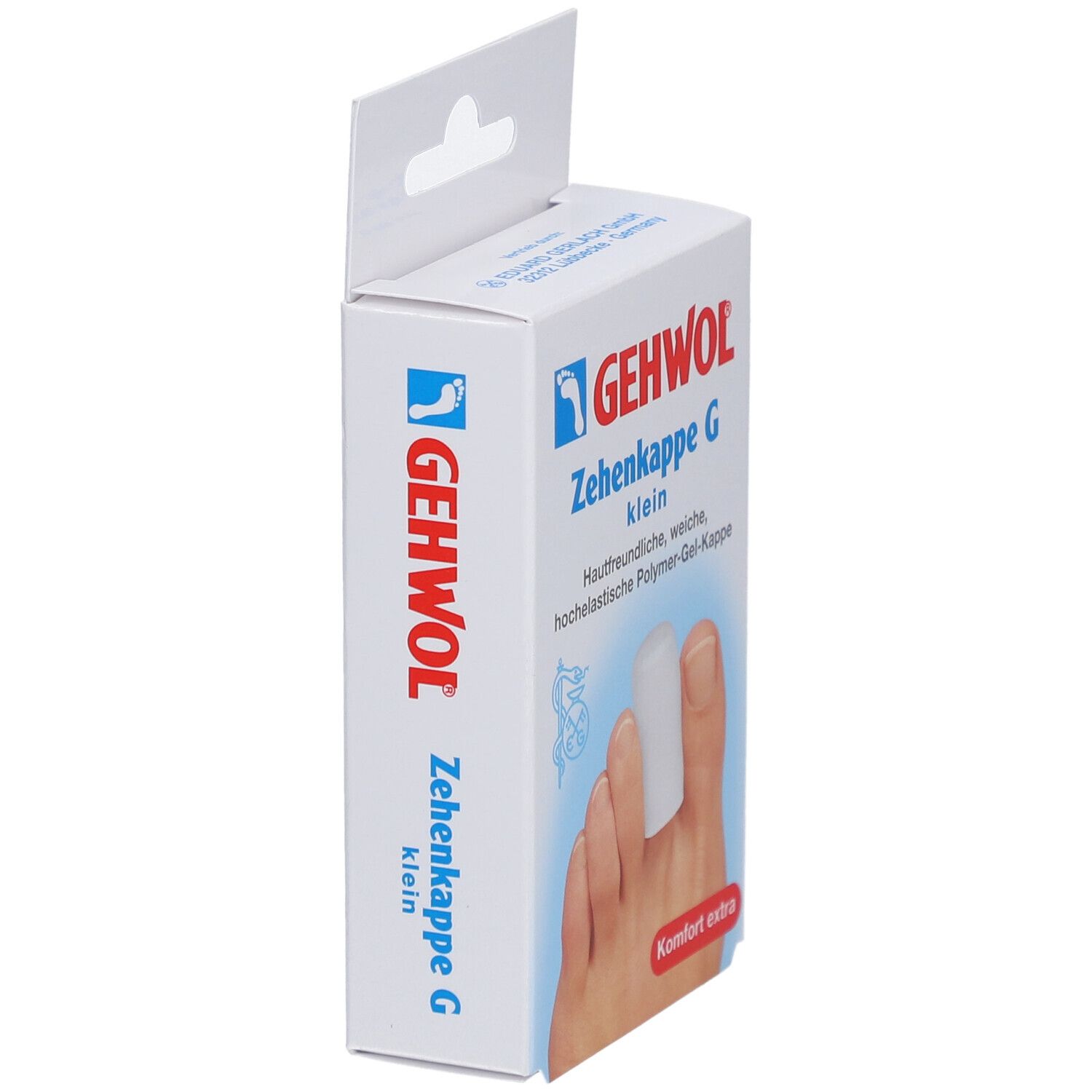 Weiße Verpackung mit GEHWOL-Logo und Produktbezeichnung. Zehenkappe G klein, Seitenansicht.