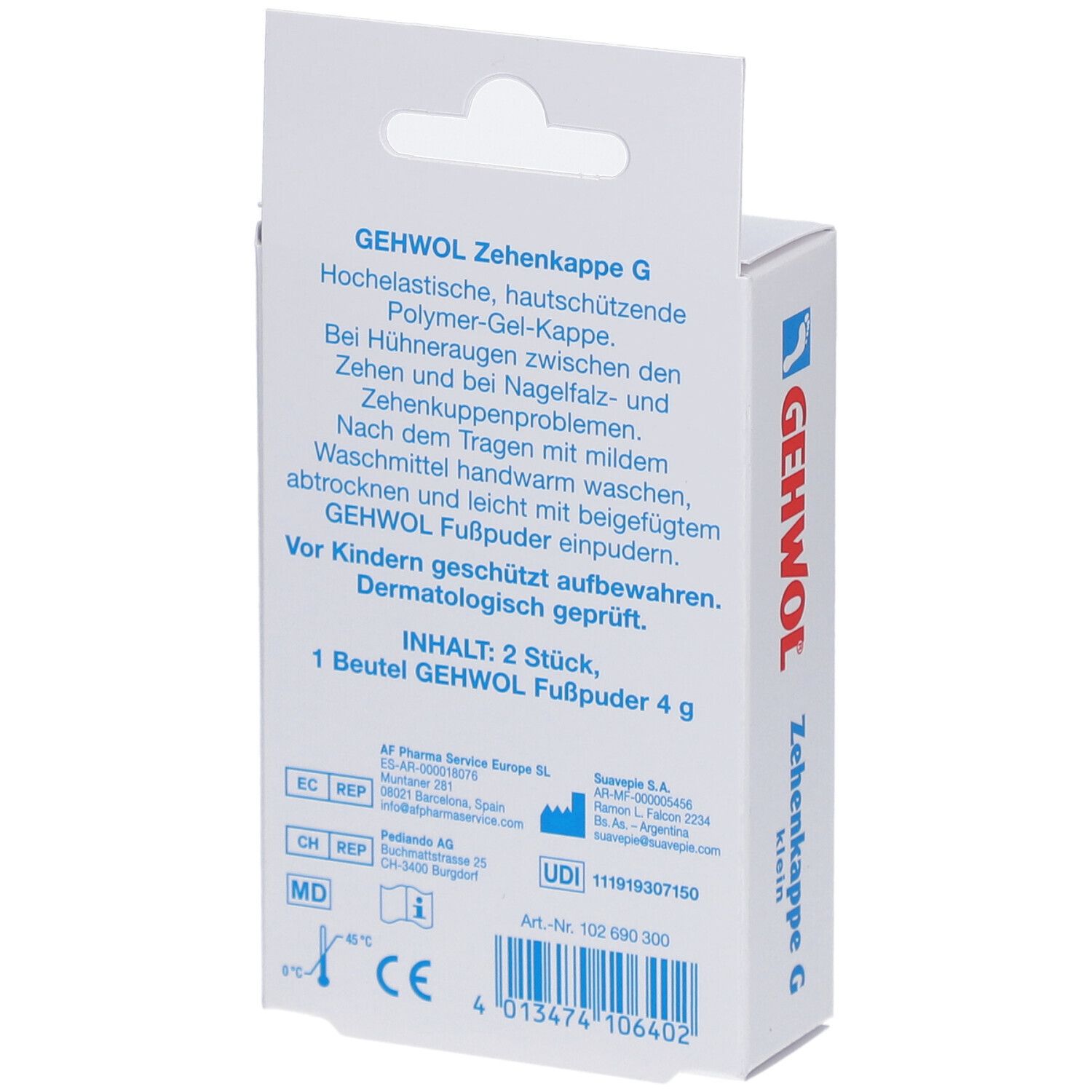 Rückseite der Verpackung mit Produktinformationen und Inhaltsangabe: 2 Stück, 1 Beutel Fußpuder.