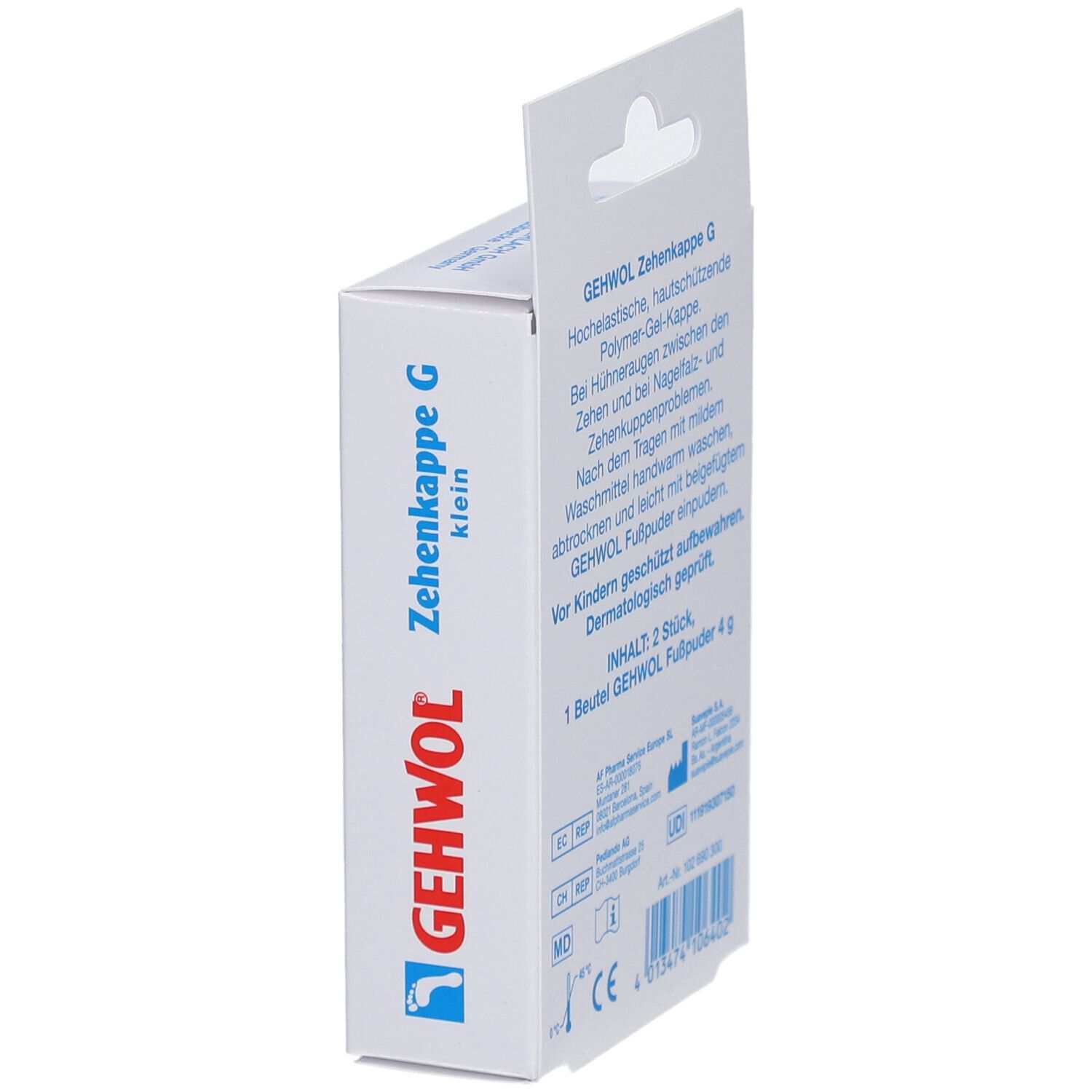 Seitenansicht der Verpackung mit Produktbezeichnung und Informationen. CE-Kennzeichnung.