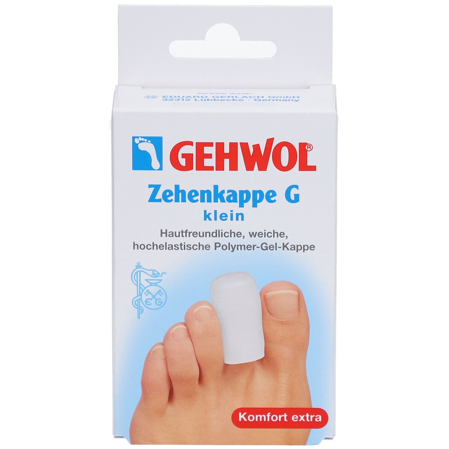 Weiße Verpackung mit GEHWOL-Logo und Produktbezeichnung. Zehenkappe G klein, auf einem Zeh platziert.