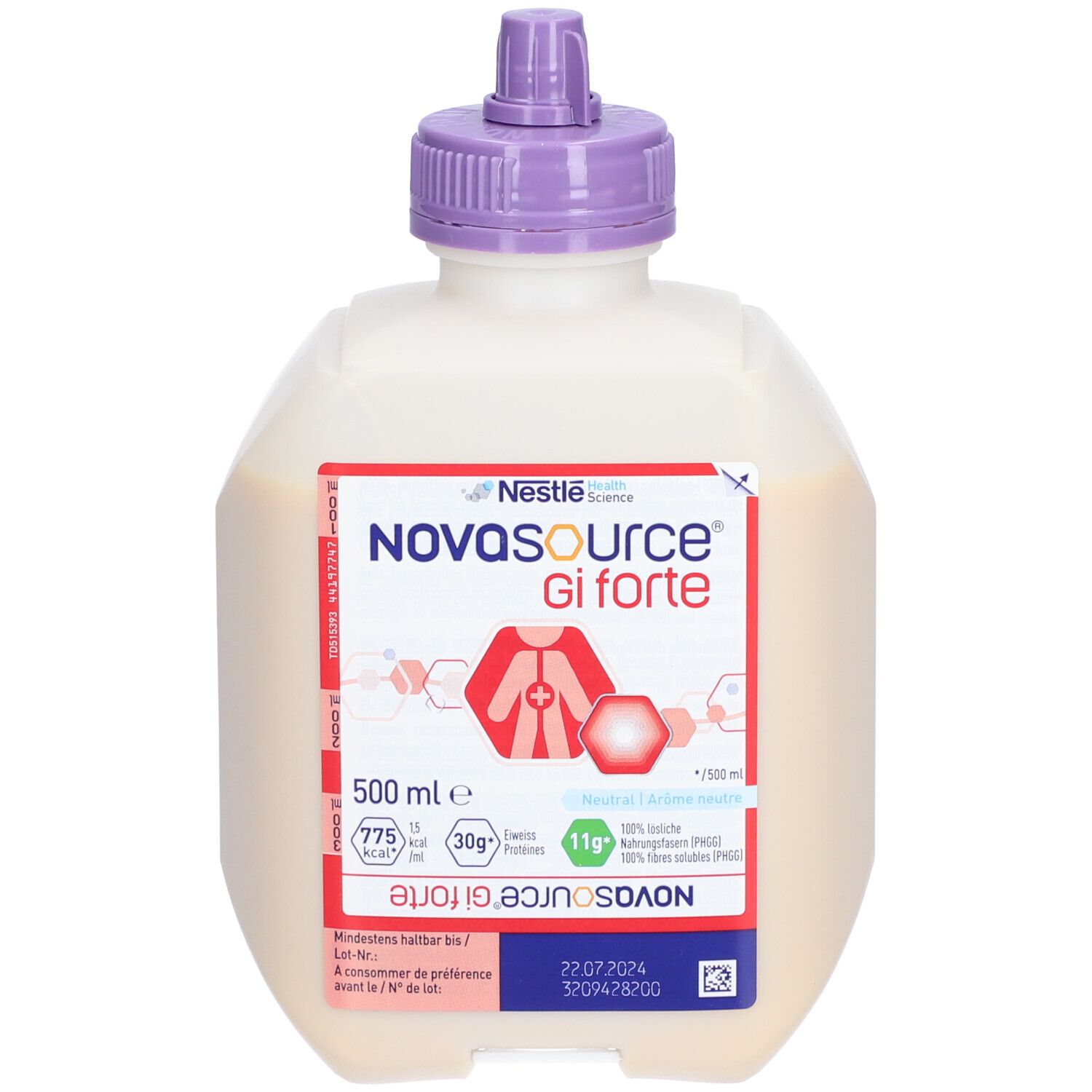 Bouteille NOVASOURCE® Gi forte, 500 ml, bouchon violet. Informations nutritionnelles et logo imprimés.